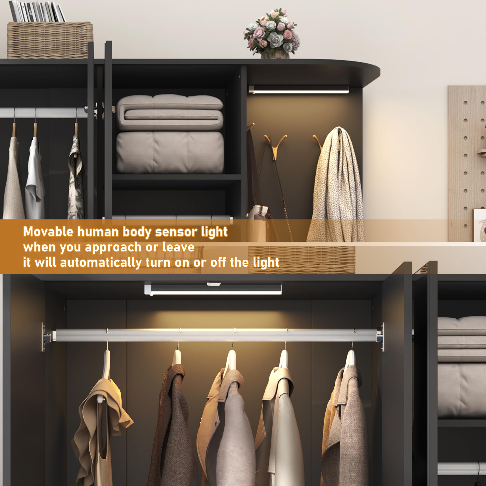 Modern XVD 5-Door Armoire Wardrobe Closet with Mirror, Sensor Light & Storage - Large Wooden Bedroom Closet with 2 Drawers, Shelves, 4 Hooks & 2 Hanging Rods - Perfect for Bedroom, Guest Room or Walk-in Closet Organization (Black)