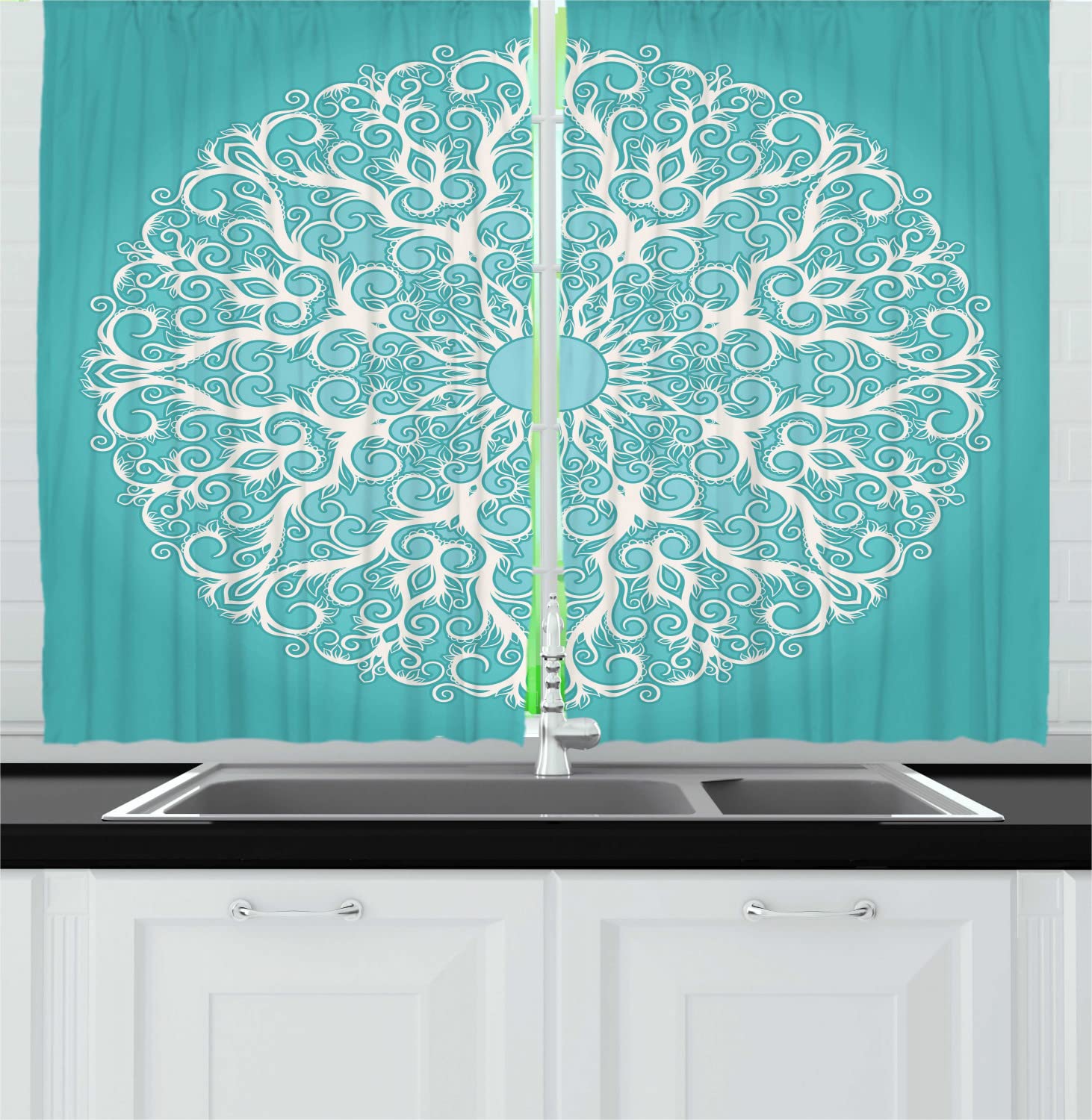 Ambesonne Turquoise Long Kitchen Curtains - Round Tree Branches Floral Design with Symmetrical Curves, 2 Panels Rod Pocket Drapes 55