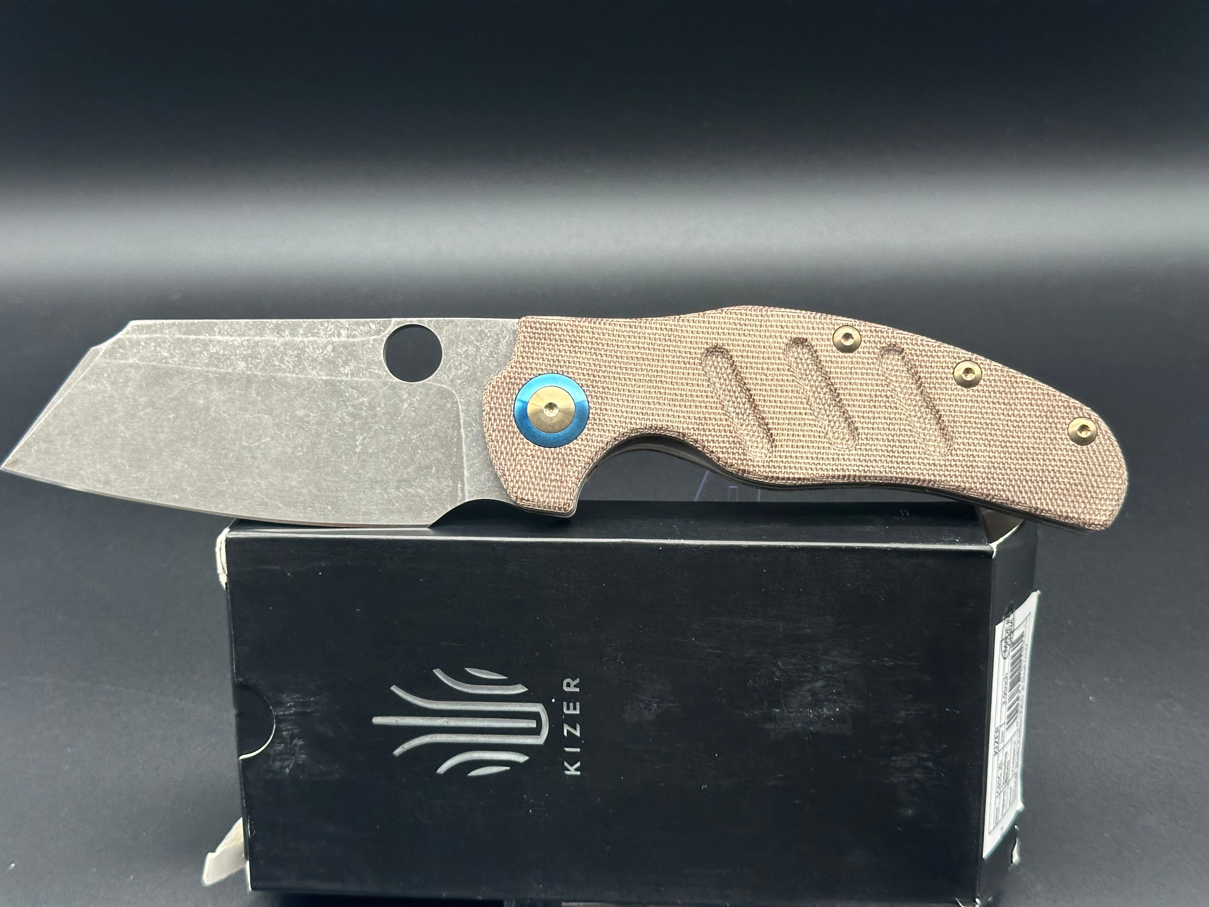 KIZER C01C Sheepdog XL Folding Knife - Brown Micarta Handle, 154CM Steel Blade - Heavy Modified for Outdoor, Camping & EDC Use