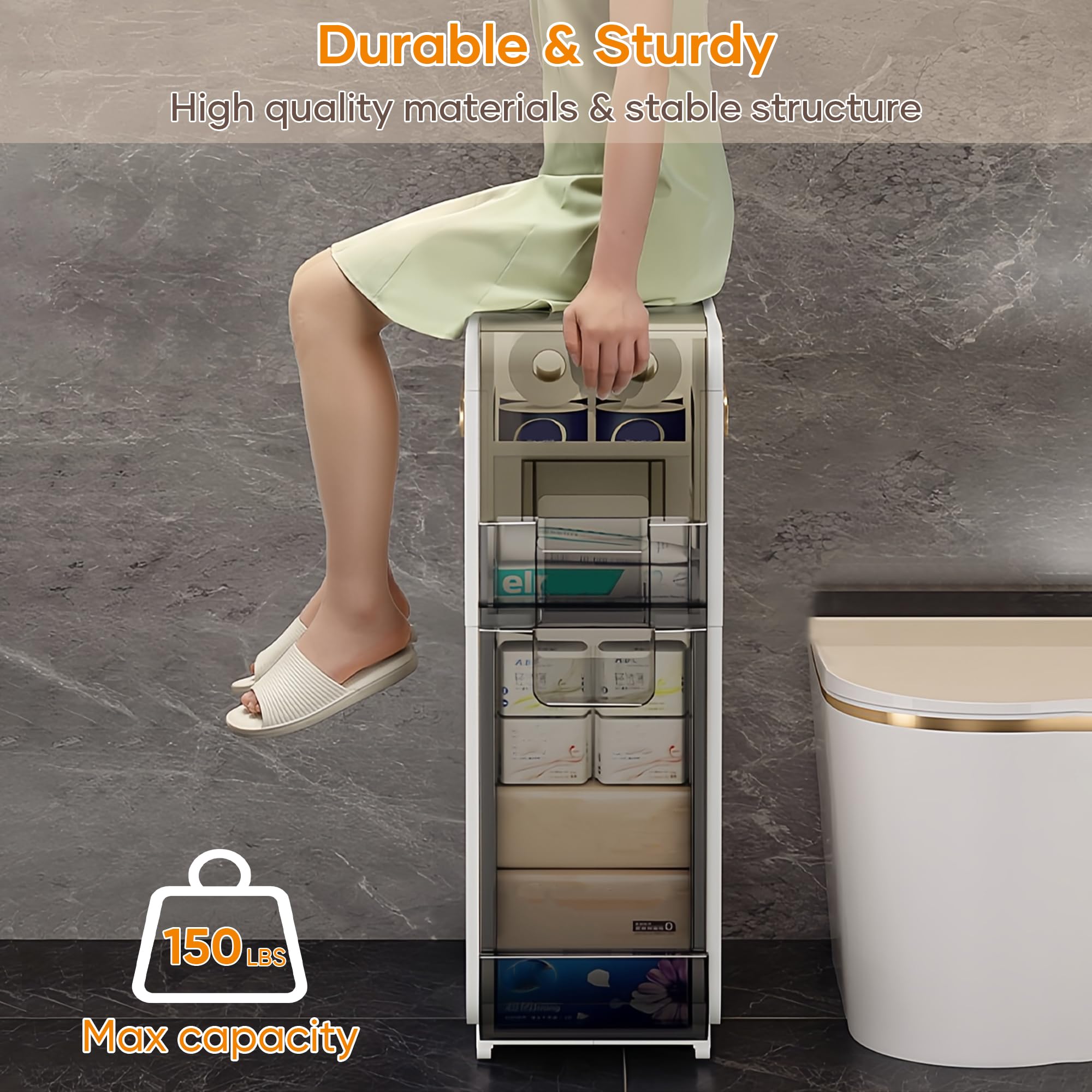 4-Tier Slim Bathroom Storage Cabinet with Drawers & Toilet Paper Holder - Space-Saving Narrow Organizer for Small Bathrooms, Kitchen, Laundry Room - Durable Plastic Floor Cabinet for Toiletries, Towels & Cleaning Supplies (Perfect for Apartments & Compact Spaces)