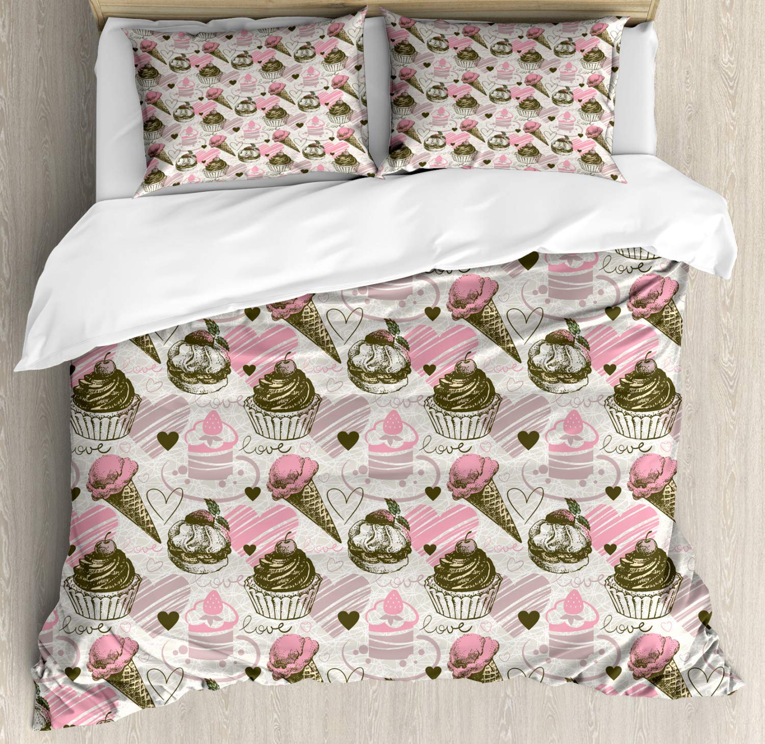 Ambesonne Ice Cream Duvet Cover Set - Grunge Style Cupcakes with Heart Love Romance Design, 2-Piece Queen Size Bedding Set with 4 Pillowcases in Army Green & Pale Pink - Perfect for Teen Bedrooms, Dorm Decor & Cozy Bedroom Makeovers