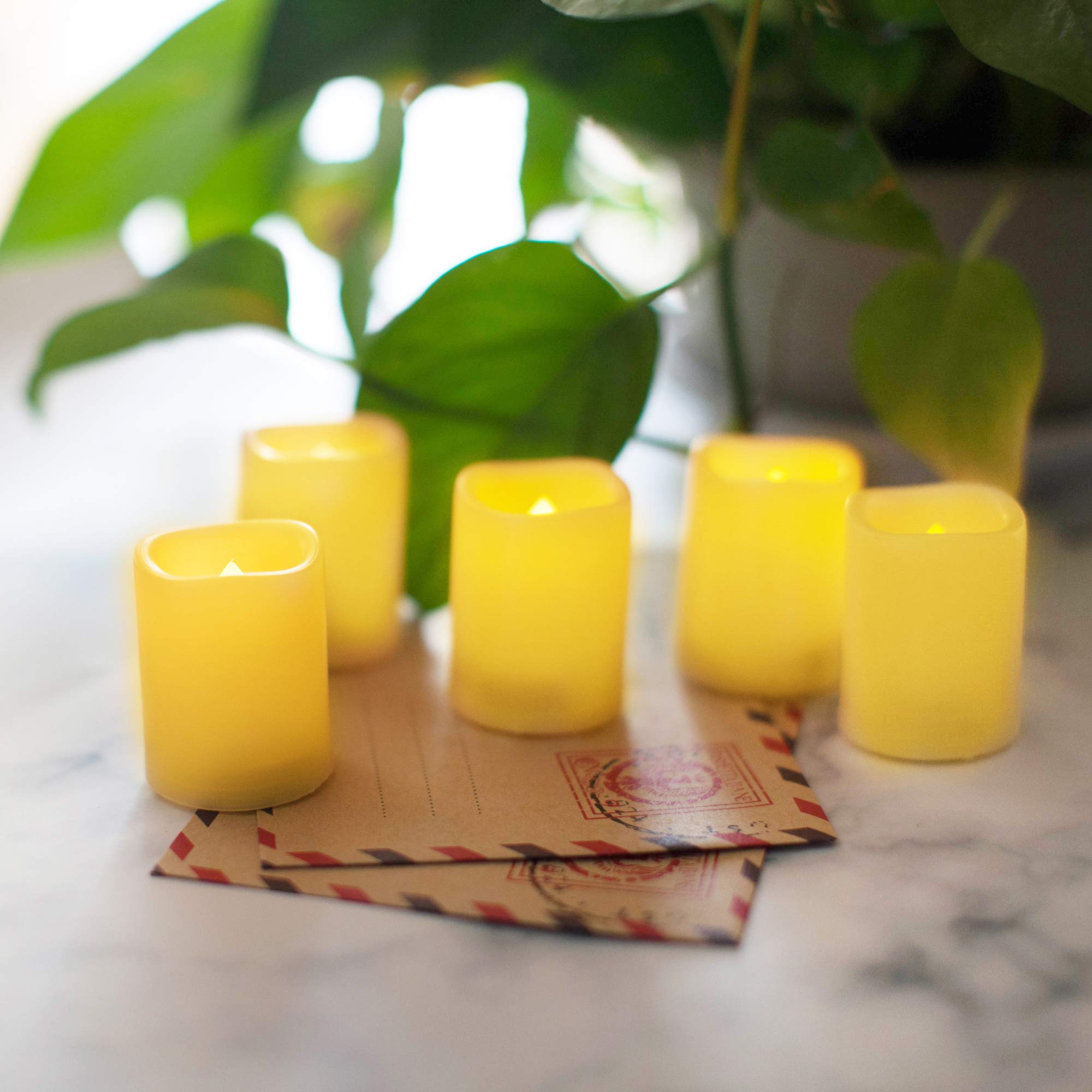 Flameless LED Battery Operated Votive Candles with Timer - 6 Pack Flickering Plastic Votive Lights for Home Decor, Wedding, Christmas, Halloween - Perfect for Centerpieces, Pumpkin Displays & Outdoor Garden Lighting (Batteries Included)