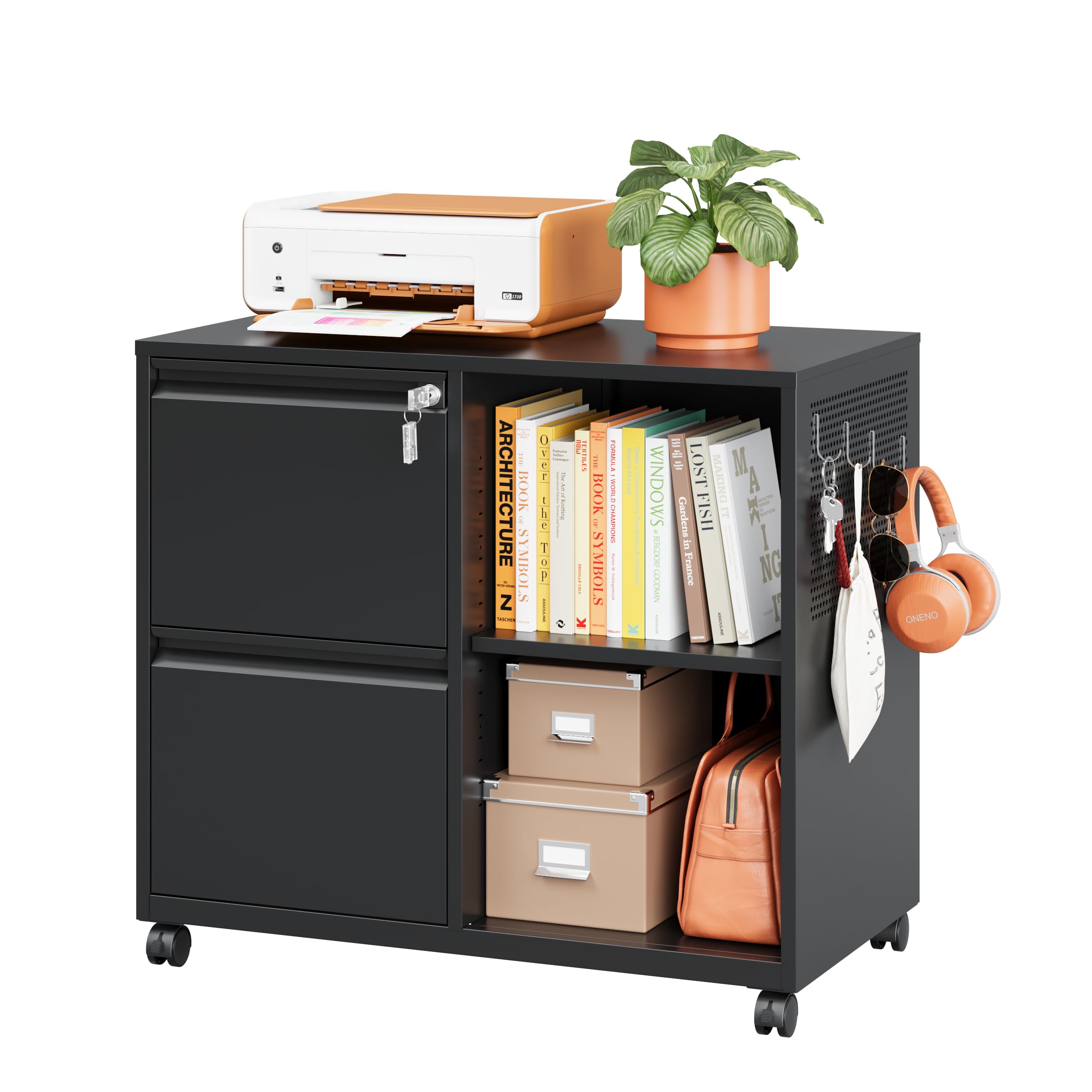2-Drawer Lateral File Cabinet with Lock & Wheels - Mobile Storage for A4/Letter Size - Adjustable Shelves Rolling Printer Stand for Home Office - Black - Perfect for Organizing Documents & Office Supplies