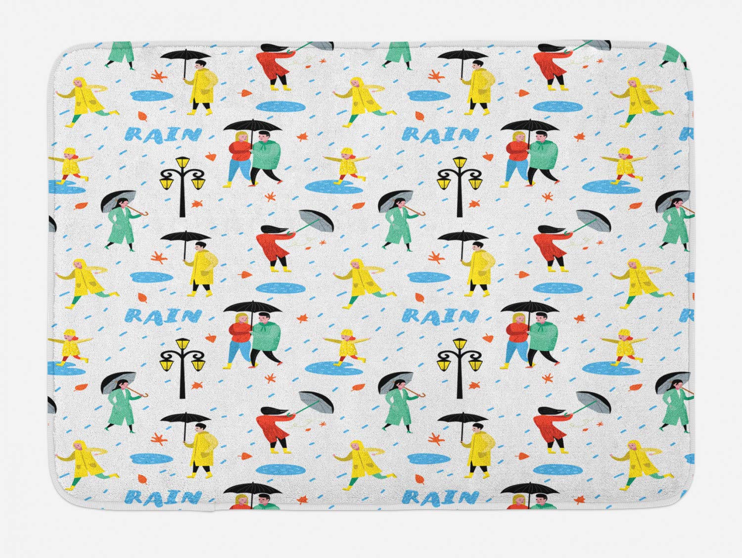 Ambesonne Plush Non-Slip Bath Mat - Romantic Couple Under Umbrella Park Scene with Leaves Design, 30.2 x 20 Inch, White & Multicolor - Perfect for Bathroom Decor, Shower Mats, and Cozy Home Accessories
