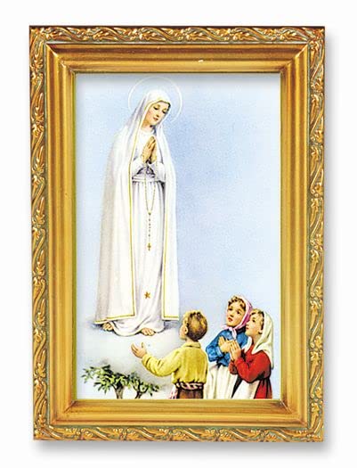 Our Lady of Fatima Framed Wall Art - Antique Gold Leaf Finish with Acanthus Leaf Edging - Religious Home Decor for Living Room, Bedroom & Prayer Space