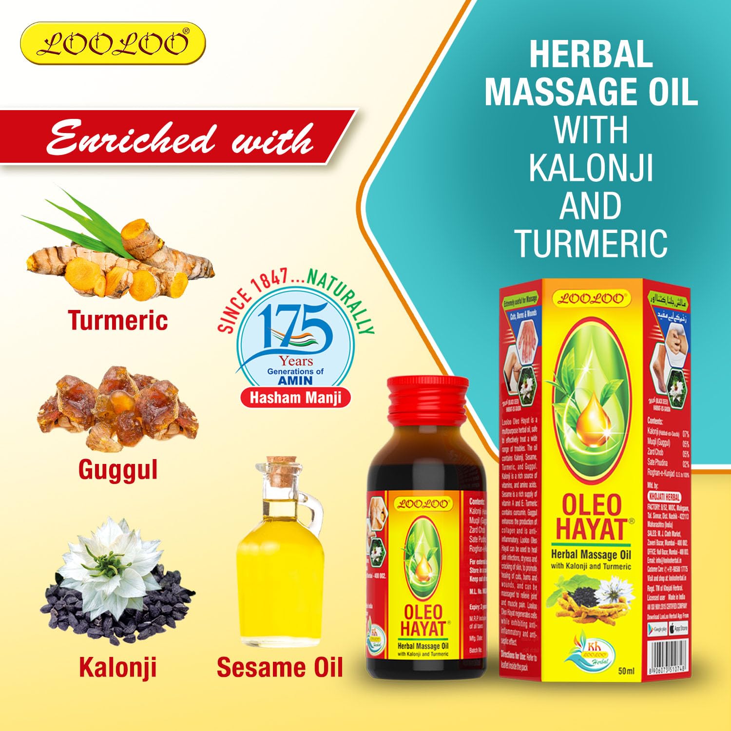 LooLoo Oleo Hayat Herbal Massage Oil with Kalonji & Turmeric - Skin Repair & Nourishment - 3 Pack (50ml Each) - Perfect for Relaxation, Aromatherapy & Spa Treatments
