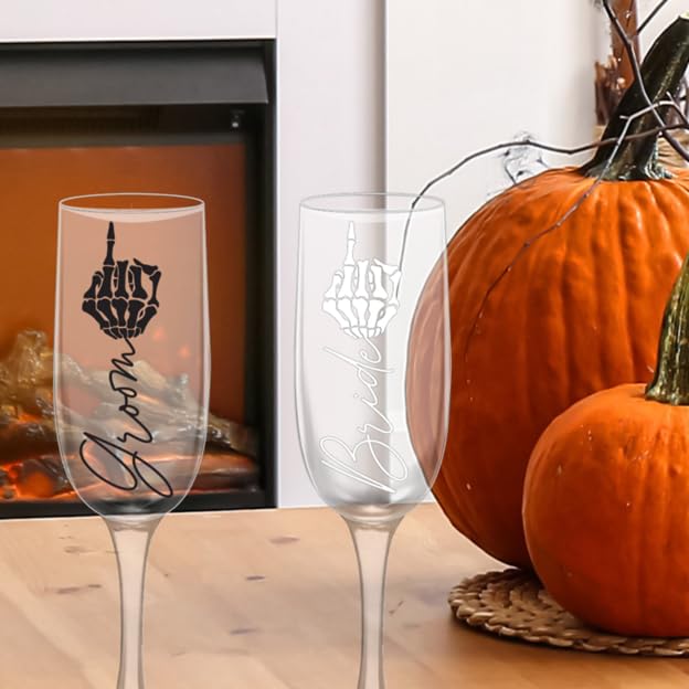 Personalized Skeleton Bride and Groom Champagne Flute Set - Gothic Wedding Glassware for Halloween, Gothic Weddings, and Unique Anniversary Gifts