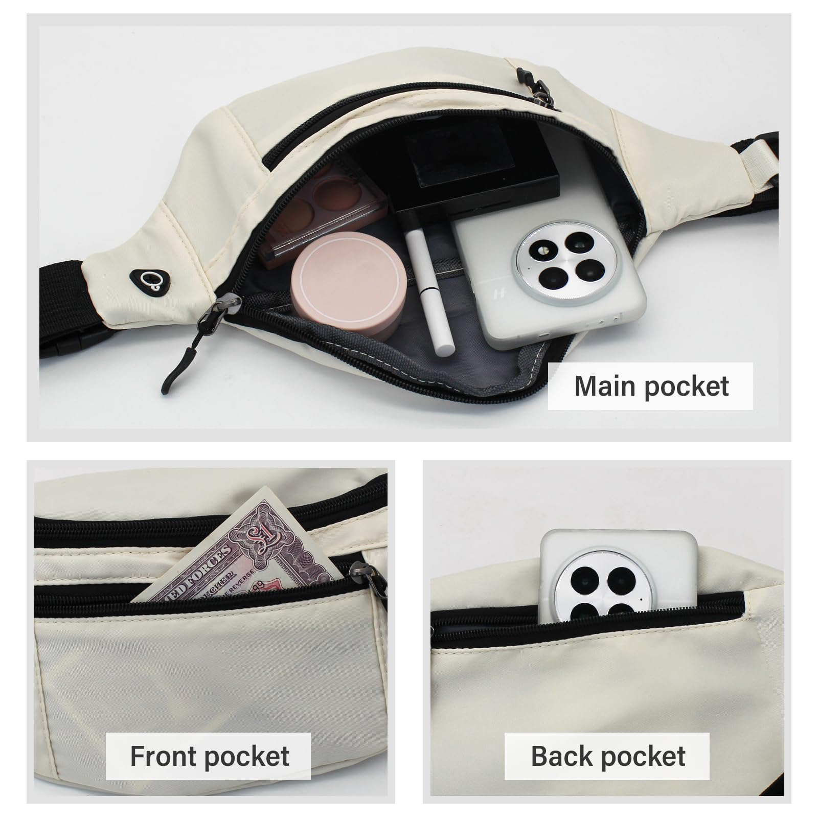 Waterproof Fanny Pack for Men & Women - Adjustable Waist Bag with Multi-Pockets | Lightweight Crossbody Belt Pack for Running, Hiking, Travel & Outdoor Activities (White)