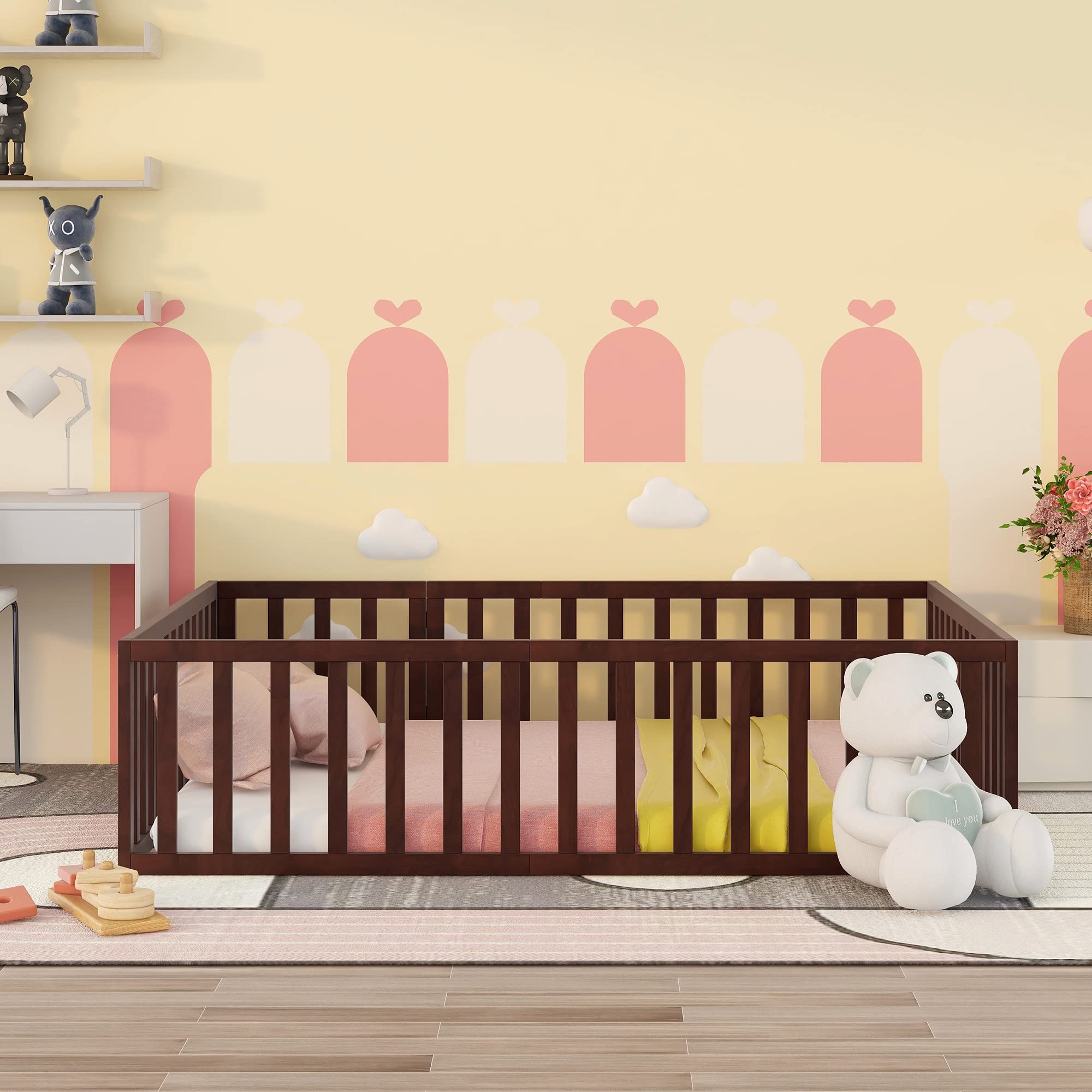 SOFTSEA Queen Floor Bed with Fence & Door - Sturdy Wooden Bed Frame for Kids & Teens - Low Profile Mattress Foundation (Spring Required) - Perfect for Montessori Rooms, Small Spaces & Sleep Safety