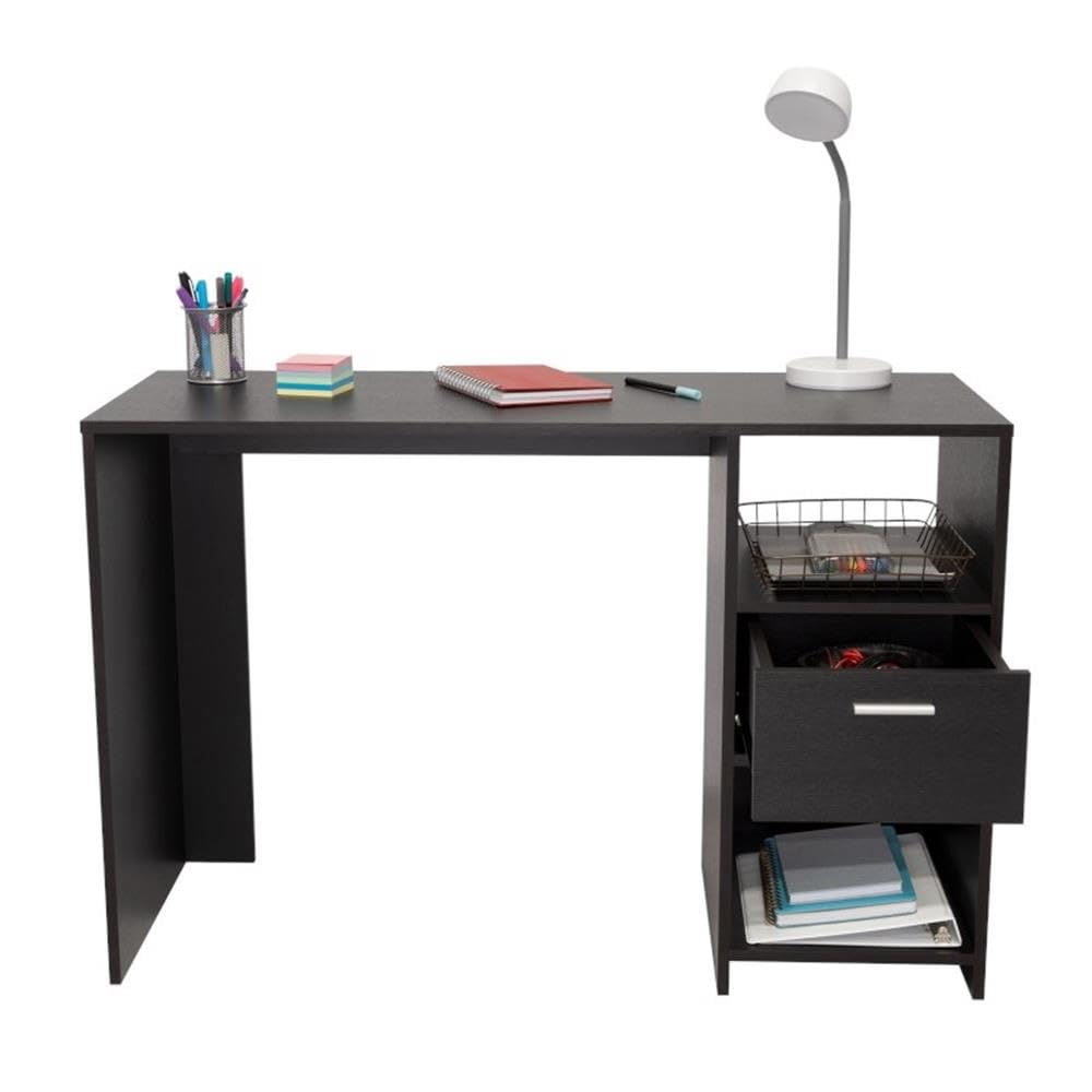 Arlington Black Computer Desk with Drawer & 2 Open Shelves - Home Office Desk with Sturdy Legs for Study, Work & Gaming | Compact Workstation for Small Spaces