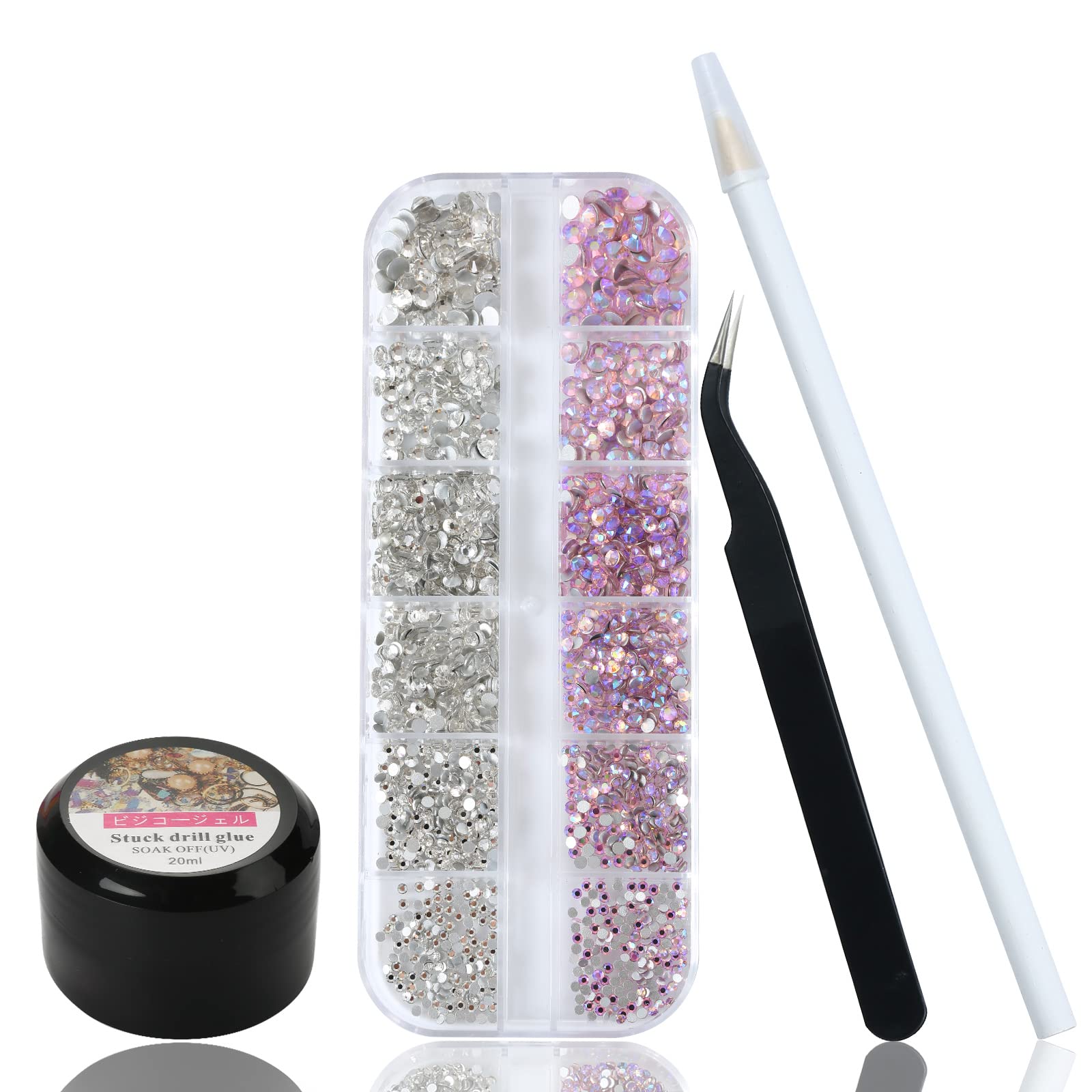 1500PCS Flat Back Nail Rhinestones - Assorted Sizes Nail Gems & Crystals Kit with 20ML Nail Glue, Dotting Pen & Tweezers for Nail Art, DIY Manicure & Crafting - Perfect for Home Salon, Party Nails & Gift Ideas
