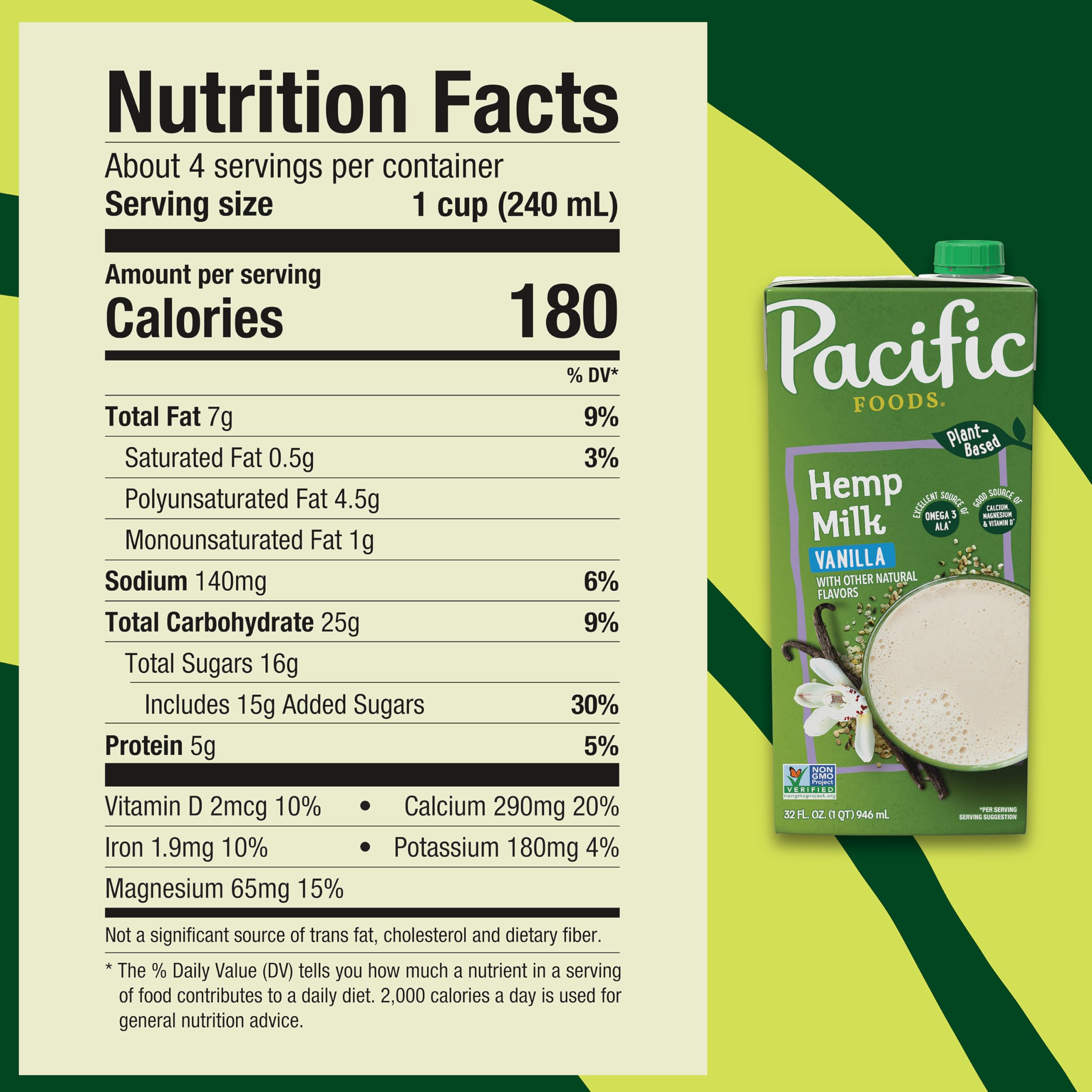 Pacific Foods Vanilla Hemp Milk - Dairy-Free Plant Based Milk Alternative, 32oz Carton - Perfect for Smoothies, Coffee & Vegan Baking