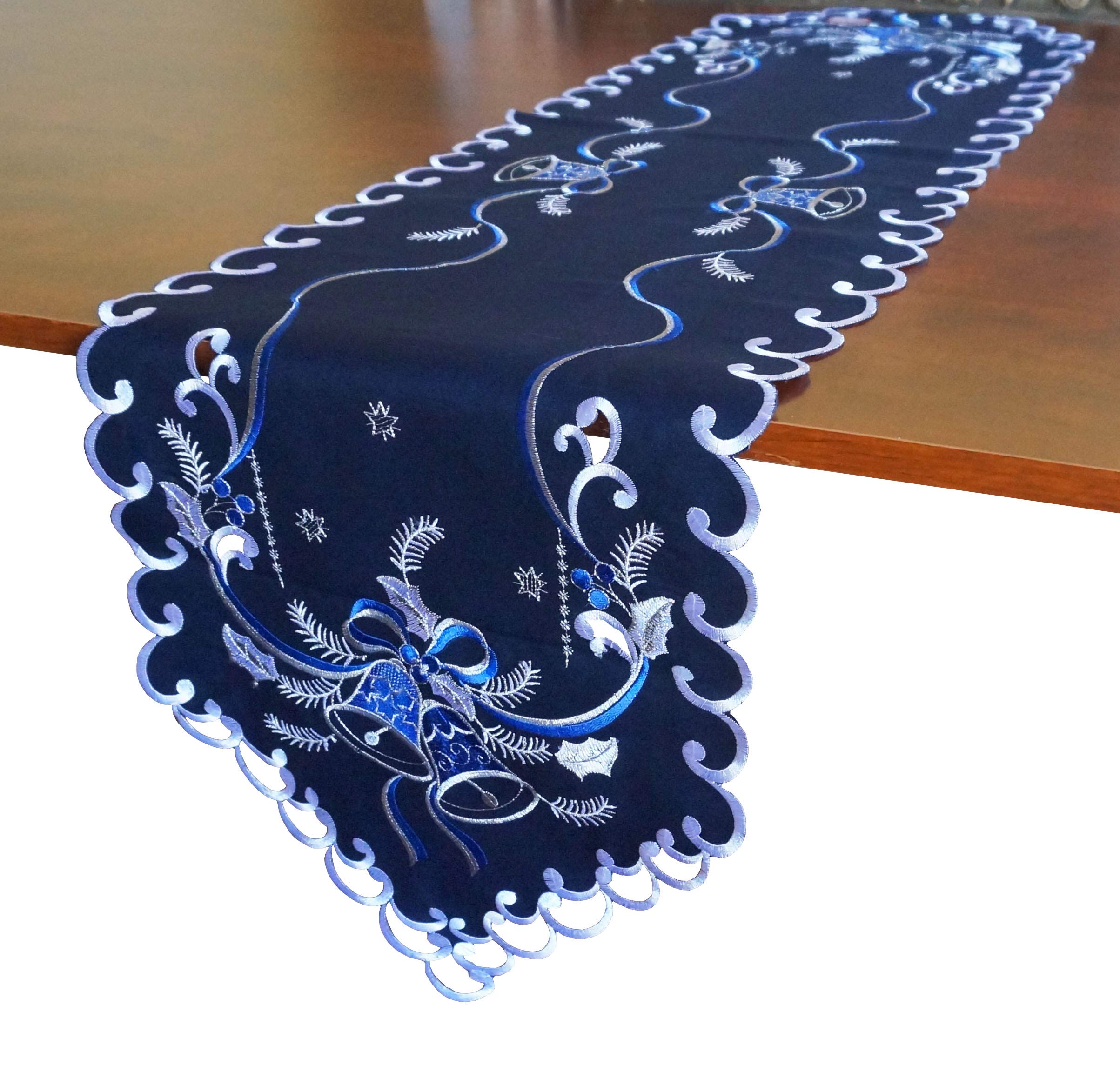 GRANDDECO 13x34 Inch Christmas Table Runner - Cutwork Embroidered Floral Blue Bells Design - Holiday Dining Table Decor for Xmas, Parties & Home Decoration