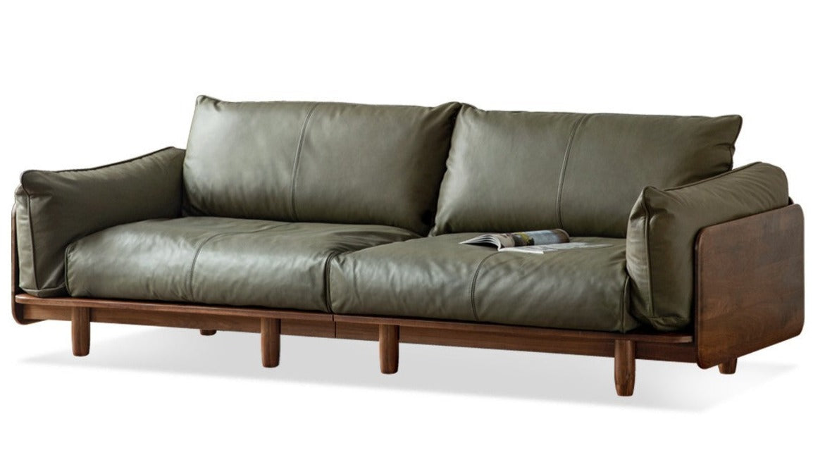 Premium Black Walnut Solid Wood Genuine Leather Sofa - Handcrafted Fabric Sofa for Living Room, Lounge & Office - Modern Comfort Furniture for Home Decor