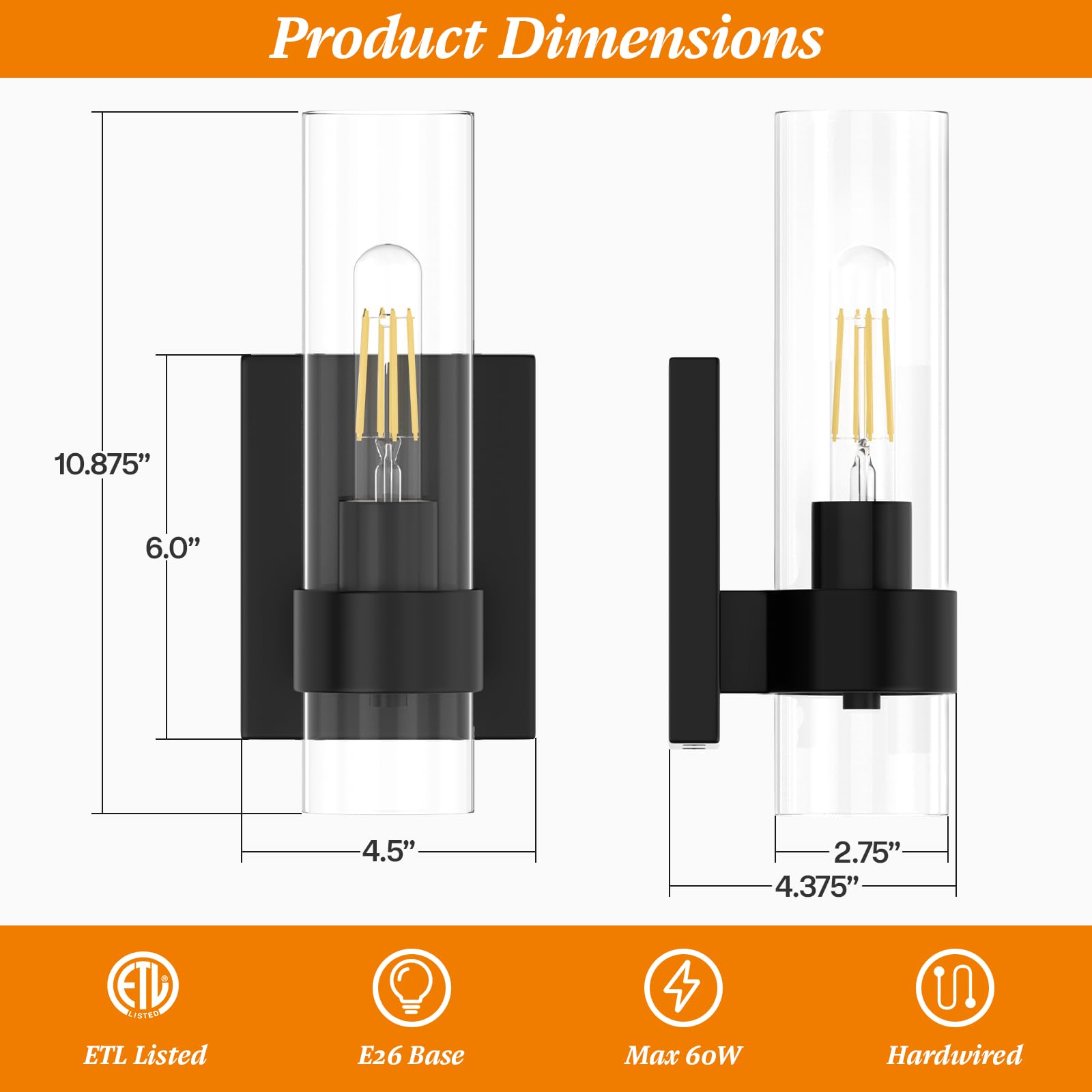 Zevluck 1-Light Modern Wall Sconce - Matte Black Bathroom Vanity Light with Clear Cylinder Glass Shade - Hardwired Wall Lamp for Bathroom, Bedroom, Living Room, Stairs & Hallway - Perfect for Ambient Lighting and Home Decor