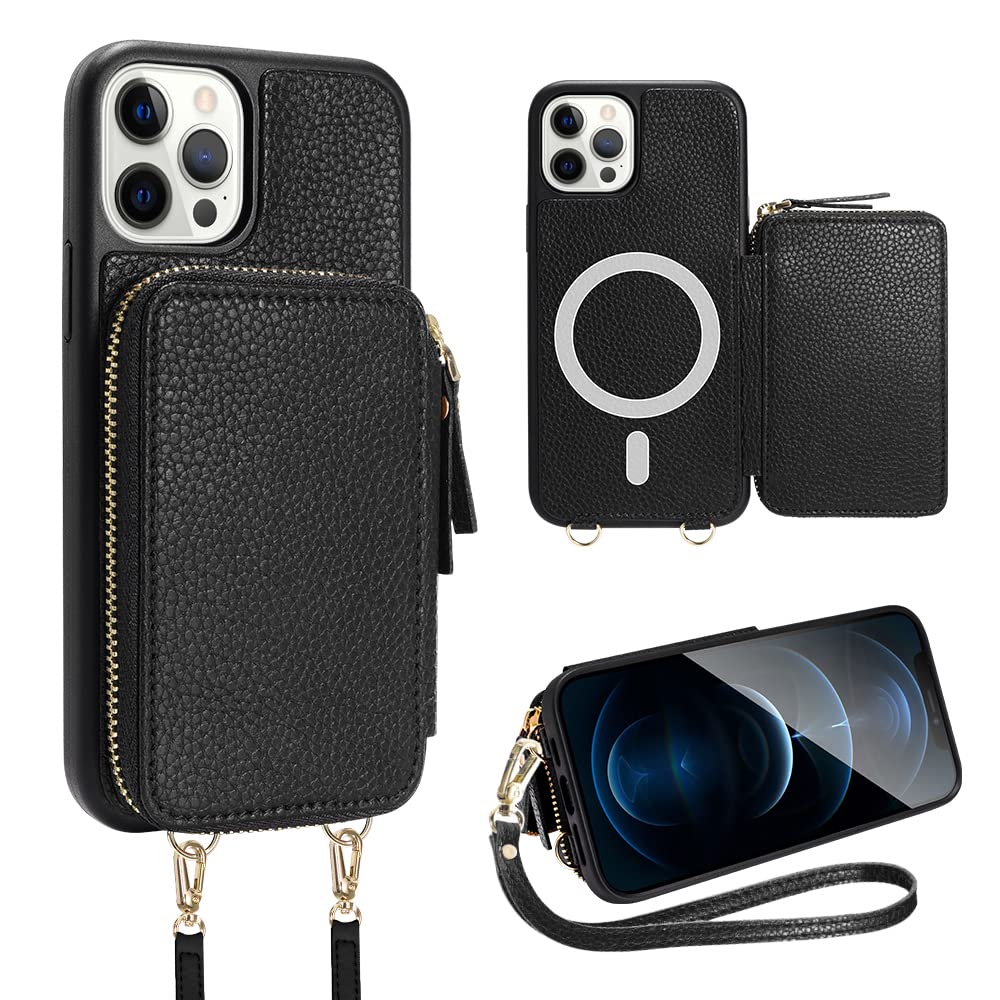 **ZVE iPhone 12 Pro Max Wallet Case with Magsafe & RFID Blocking – Leather Crossbody Phone Case with Card Holder & Wrist Strap for Women & Men – Perfect for Travel, Shopping & Everyday Use (6.7 Inch, Black)**