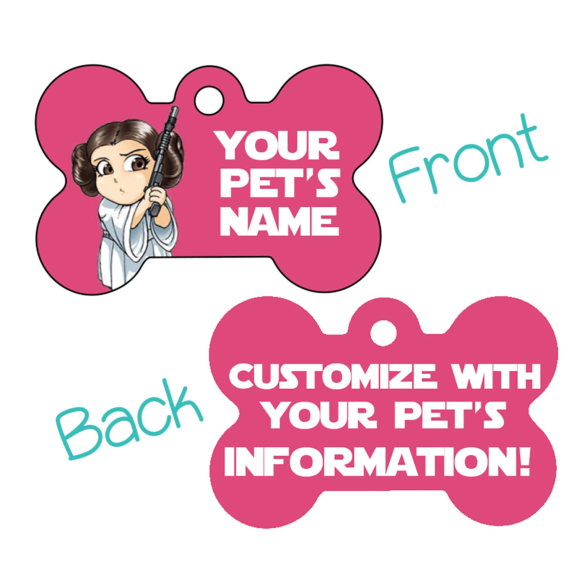 Personalized Double Sided Pet ID Tags for Dogs & Cats - Custom Engraved Bone Shape (Princess Leia Design) | Perfect for Pet Safety & Identification During Travel, Walks & Outdoor Adventures