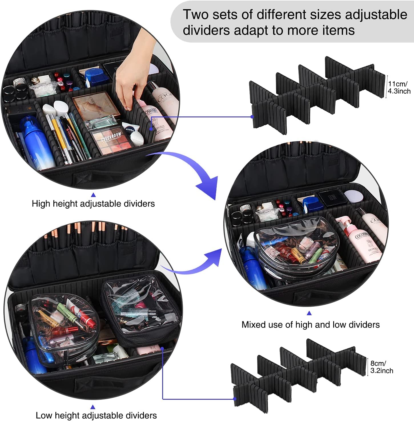 Relavel Extra Large Makeup Case & Brush Holder - Professional Cosmetic Organizer Bag with Adjustable Dividers, Shoulder Strap - Perfect for Travel, Salon & Home Storage (Black)