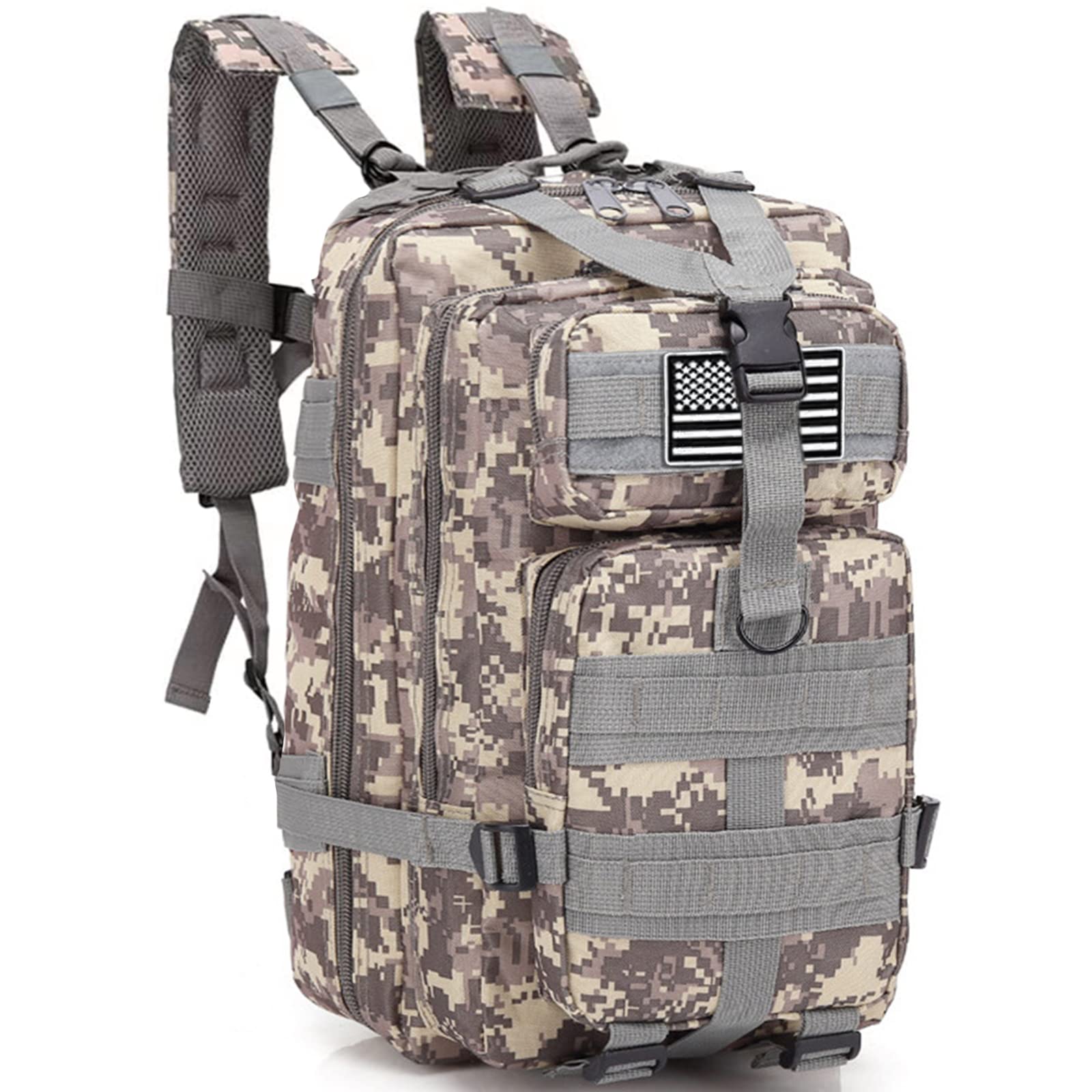 LIMHOO Tactical Backpack for Men - 30L Small Military Rucksack with MOLLE System & USA Flag Patch (ACU Camo) - Durable Army Backpack for Hiking, Camping, Travel & Everyday Carry (EDC)