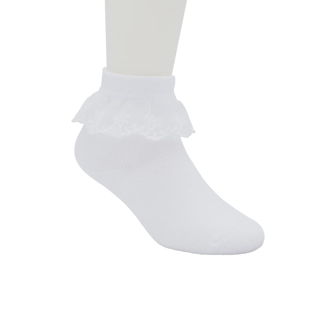 Girls Ruffle Ankle Socks - White Cotton School Socks with Lace Trim & Bows for Kids Ages 3-16 | Cute Everyday Wear for School, Parties & Special Occasions