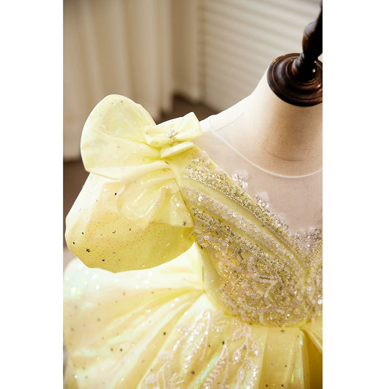 Yellow Princess Round Floor Length Organza Flower Girl Dress for Weddings, Baptisms & Special Occasions - Elegant & Comfortable Kids Formal Wear