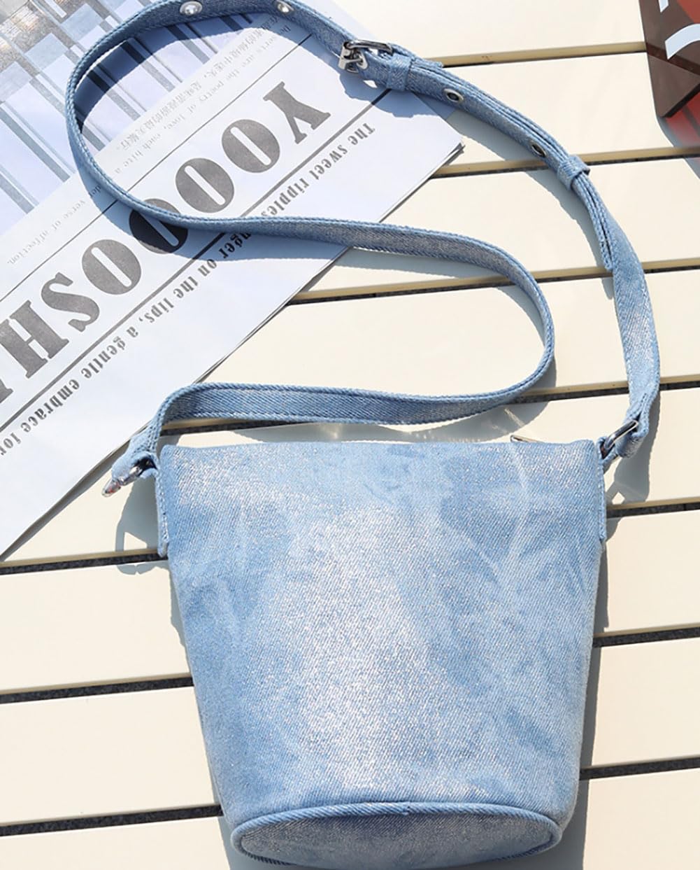 Trendy Y2K Denim Mini Bucket Bag for Women - Retro Jean Shoulder Purse & Crossbody Hobo Handbag | Perfect for Casual Outfits, Street Style & Vintage Fashion Looks