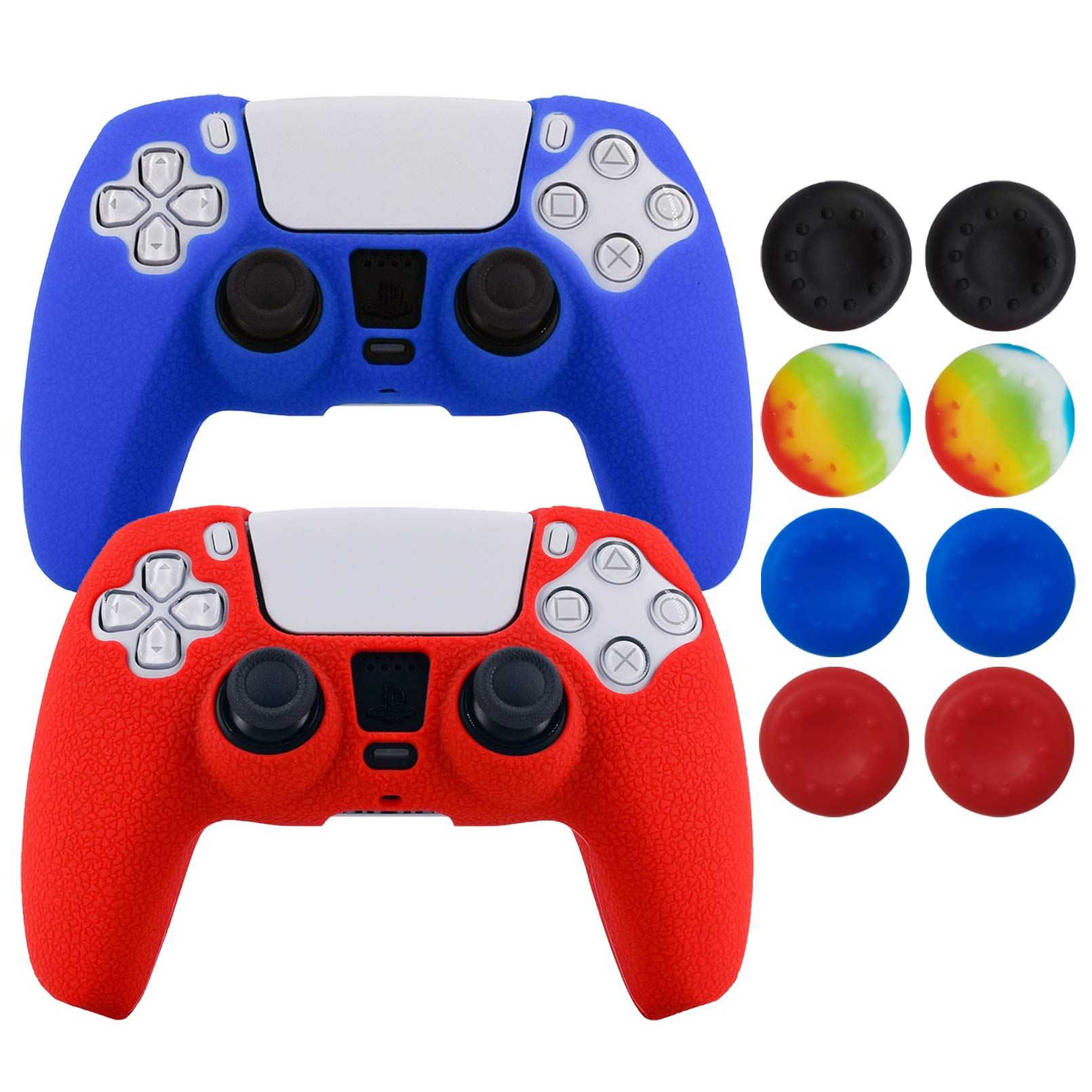 Hikfly Silicone PS5 Controller Cover - Protective Skin & Grip for Sony PlayStation 5 DualSense Controller - Includes 2 Faceplates & 8 Thumb Grips (Red/Blue) - Perfect for Gaming, Streaming & Long Play Sessions