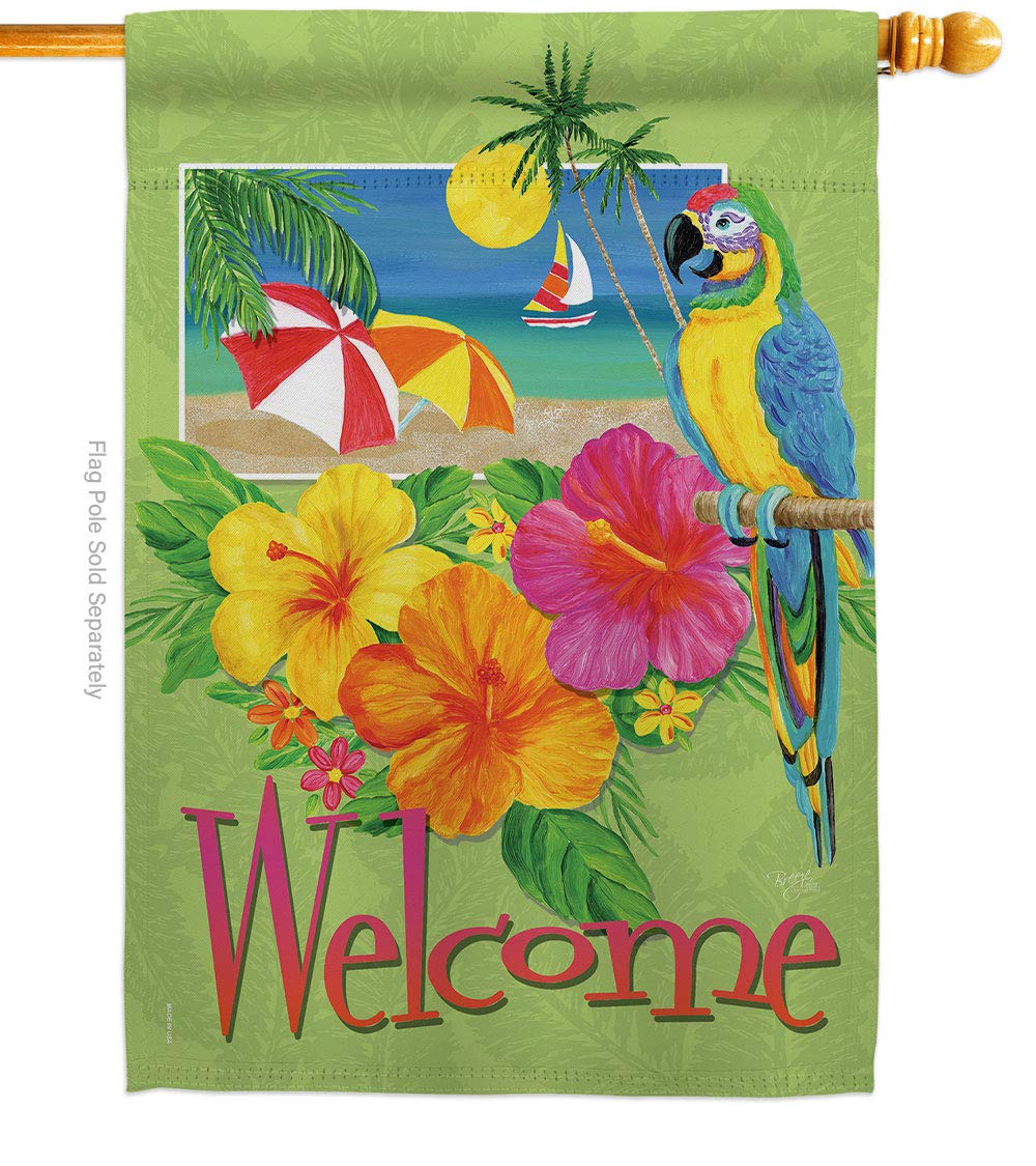 Breeze Decor Tropical Summer Welcome Vertical House Flag 28x40 Inches - Vibrant Outdoor Decoration for Porch, Garden & Seasonal Celebrations - Made in USA