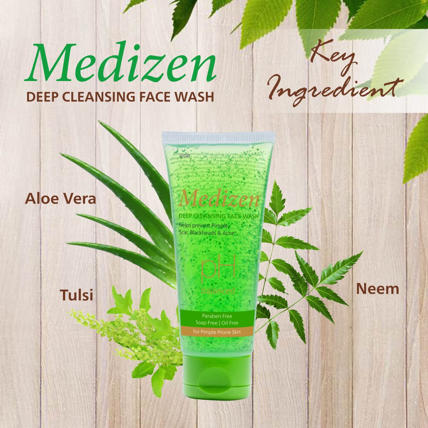 Medizen Deep Cleansing Face Wash 100ml - Oil Free, Soap Free, Paraben Free with Neem, Aloe Vera & Tulsi for Acne Control & Glowing Skin | pH Balanced Gentle Cleanser for Daily Use | Perfect for Morning & Night Skincare Routine