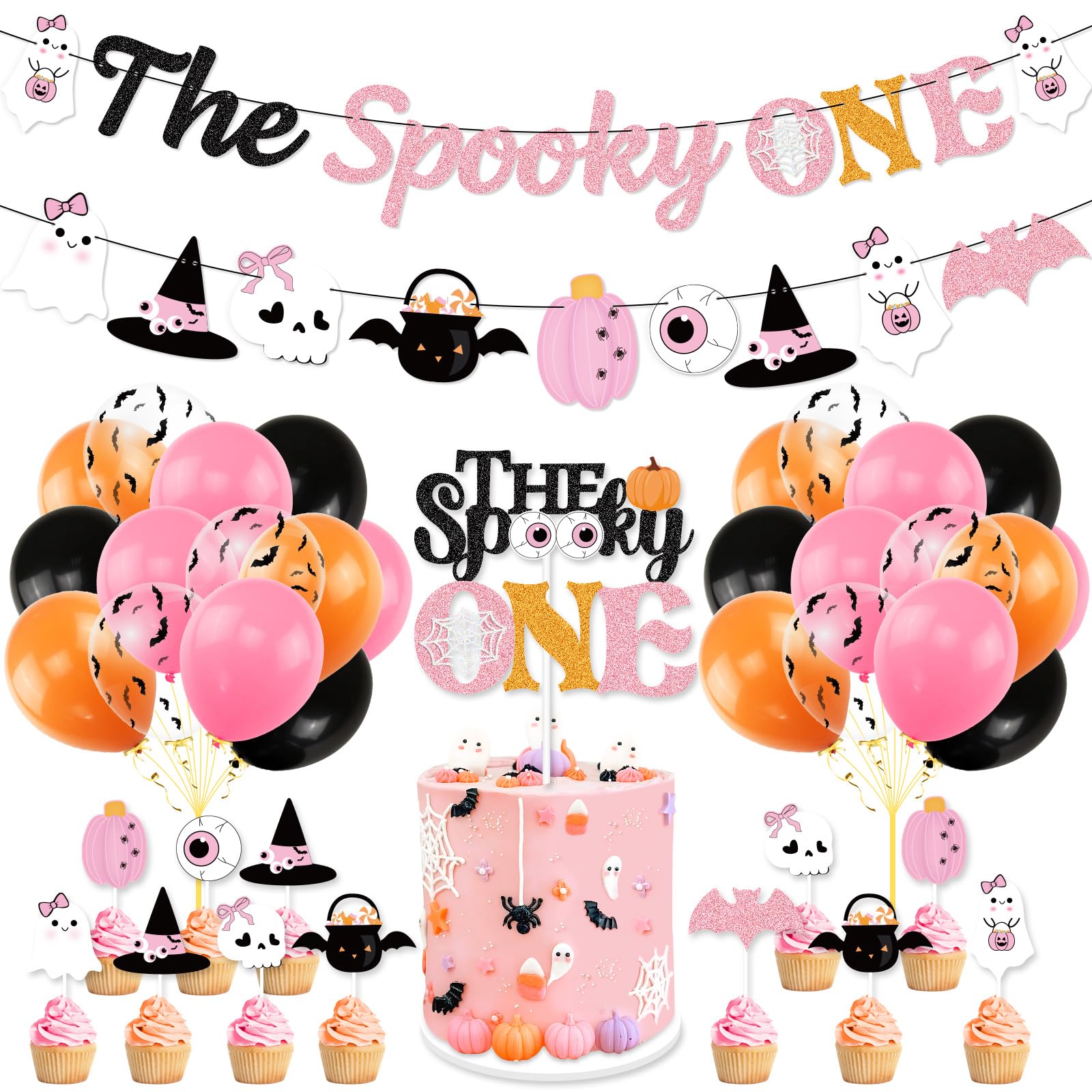 K KUMEED Pink Halloween 1st Birthday Party Decorations Set - Spooky One Banner, Cute Ghost Cake Topper, Eyeball & Pumpkin Decor, Latex Balloons - Perfect for Girls' Halloween Birthday Party & Baby Shower Decorations