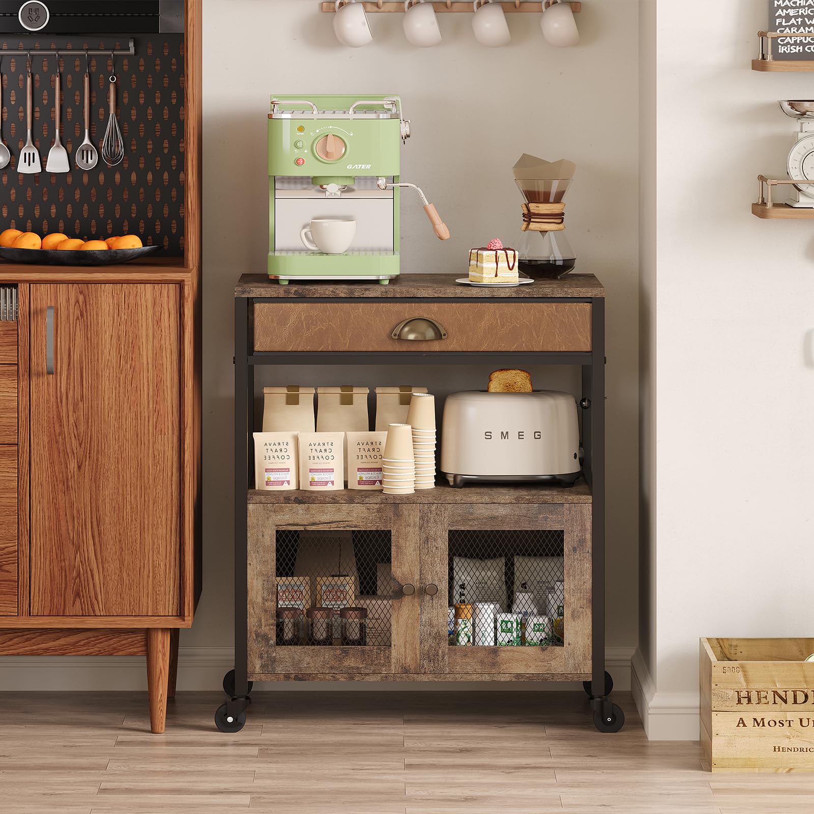 X-cosrack 3-Tier Rolling Coffee Bar Cabinet with Drawer - Farmhouse Style Mobile Kitchen Cart for Coffee Station, Living Room, Entryway & Dining Room - Perfect for Home Brewing, Entertaining & Small Space Storage