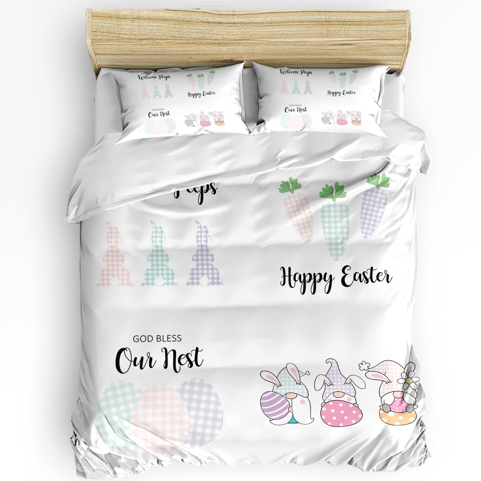 Soft Washed 3-Piece Duvet Cover Set Twin Size - Easter Eggs Rabbit Carrot Gnomes Plaid Bedding Collection for Kids & Adults (1 Duvet Cover + 2 Pillow Shams) - Perfect for Spring Decor, Kids' Room, Guest Bedroom & Cozy Home Styling