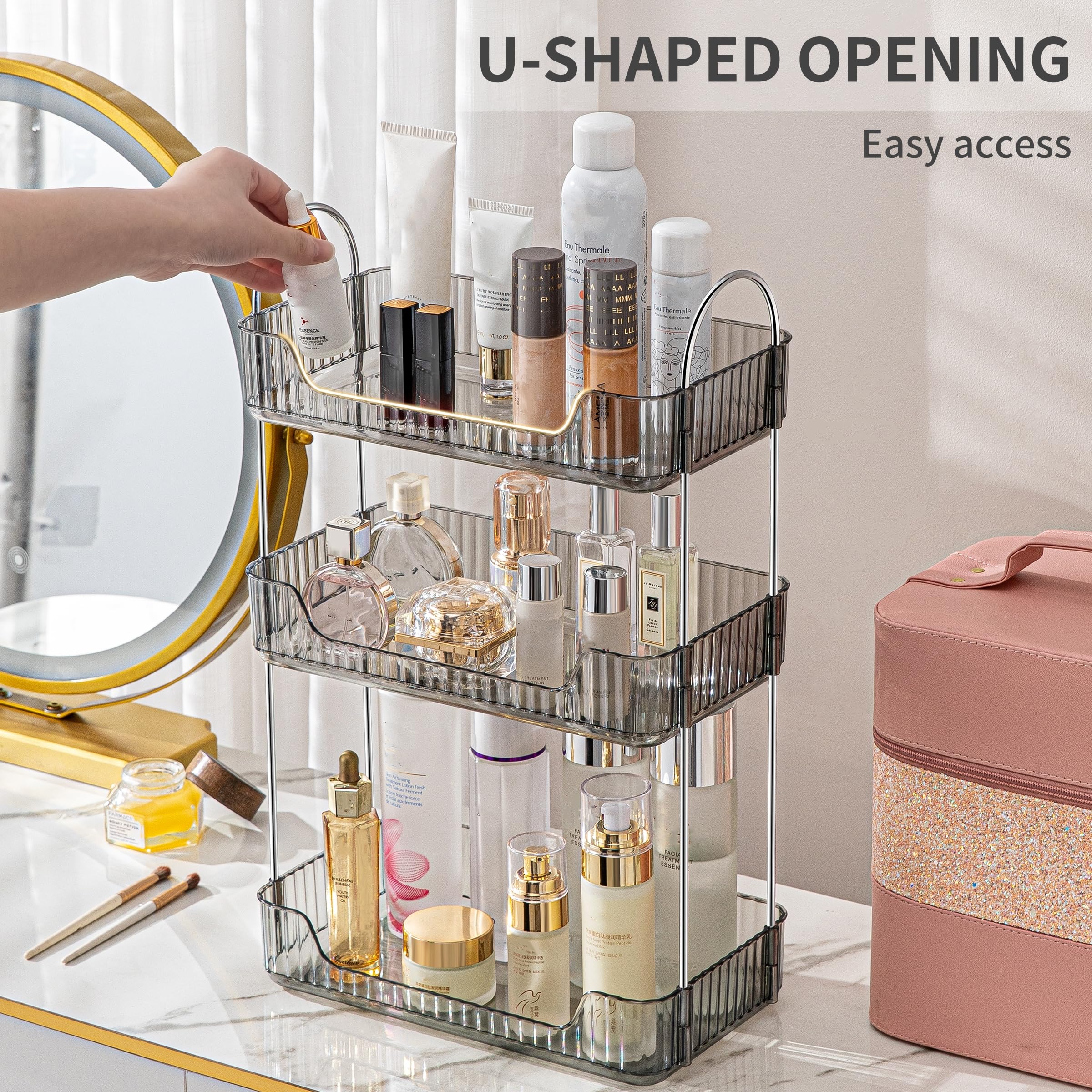 3-Tier Grey Bathroom Organizer Countertop Tray for Cosmetics, Skincare, Makeup & Toiletries - Vanity Organizer for Lotions, Perfumes & Beauty Essentials - Perfect for Bathroom Counter, Dresser & Bedroom Decor