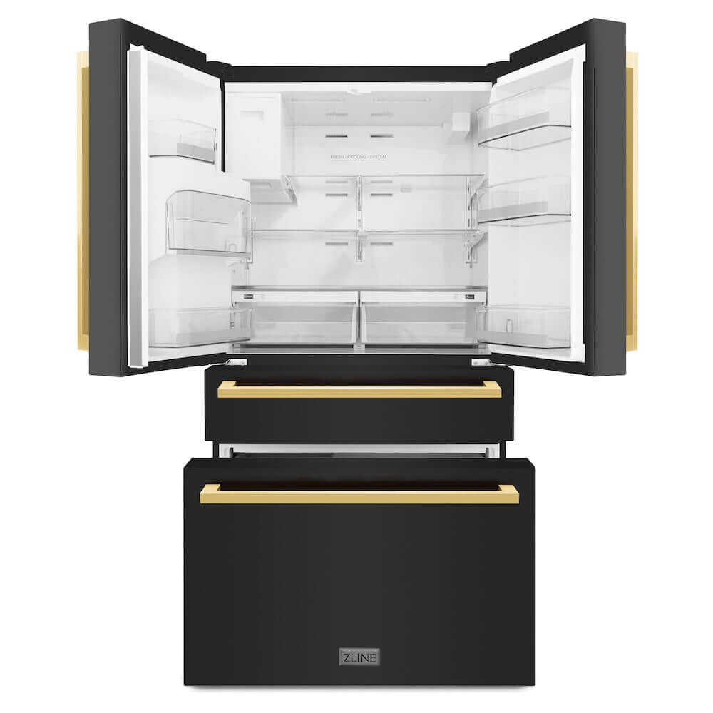 ZLINE Autograph Edition 36 Inch Counter Depth French Door Refrigerator - 21.6 cu.ft Capacity, Fingerprint Resistant Black Stainless Steel with Polished Gold Handles, Built-in Water and Ice Dispenser - Perfect for Modern Kitchens, Open Concept Homes & Luxury Appliances Collection (RFMZ W 36 BS FG)
