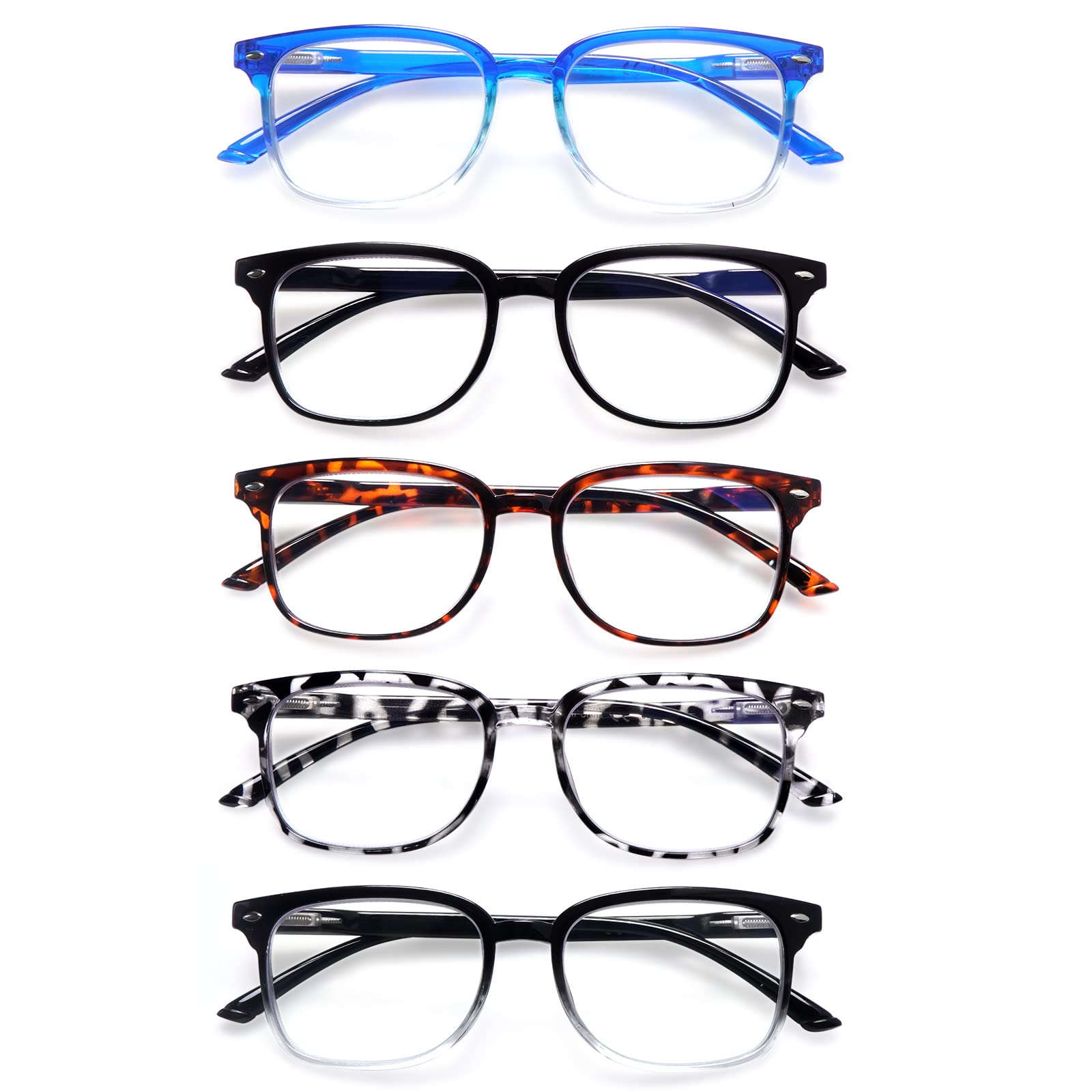 5 Pack Blue Light Blocking Reading Glasses for Women - Anti-Glare Computer Readers with Spring Hinge - Perfect for Office Work, Screen Time & Reading