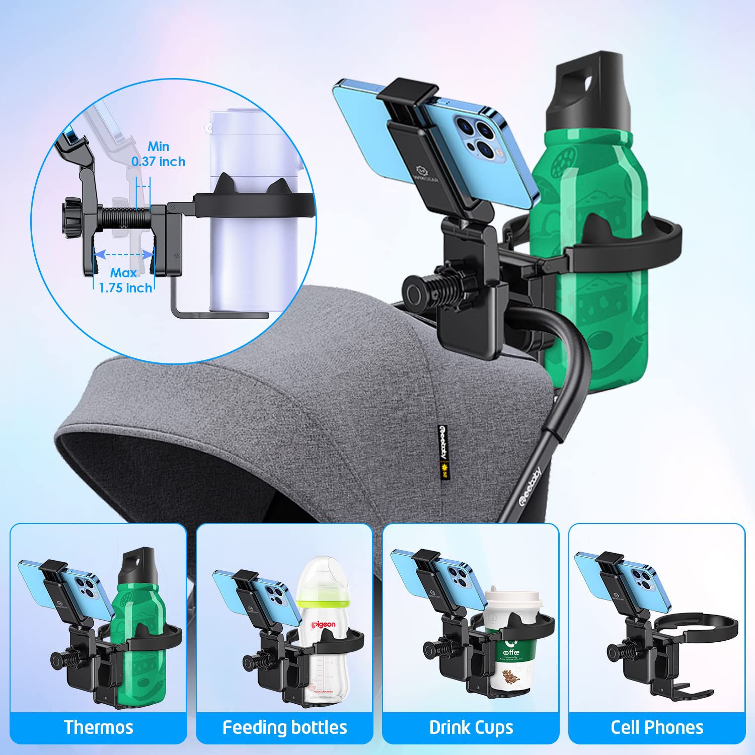 WixGear Universal 2-in-1 Stroller Cup Holder with Adjustable Phone Stand - Fits Baby Strollers, Wheelchairs & Walkers - Perfect for Parents, Seniors & Caregivers On-The-Go (New Version)