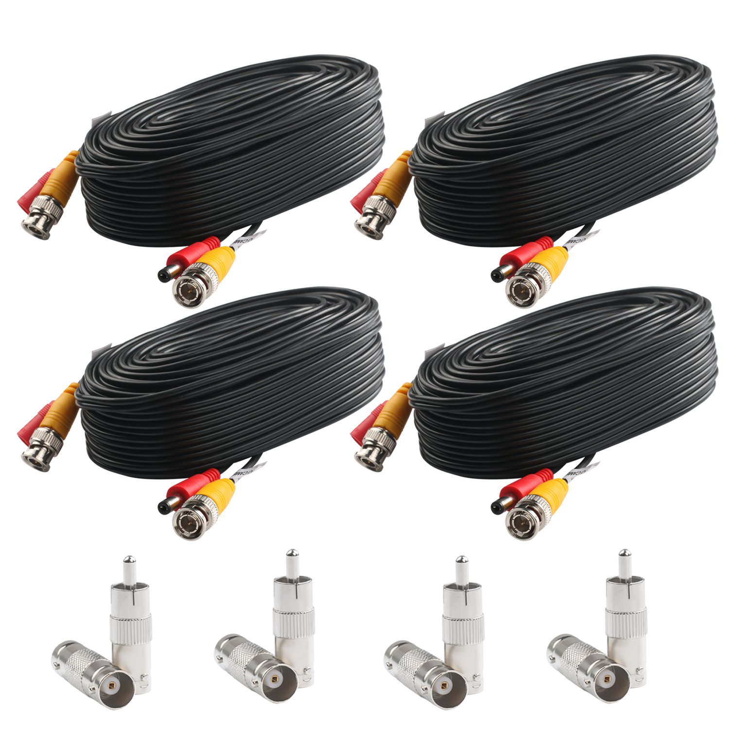 BNC Video Power Cable 25ft (4 Pack) - CCTV DVR Surveillance System for Security Cameras & Home Monitoring