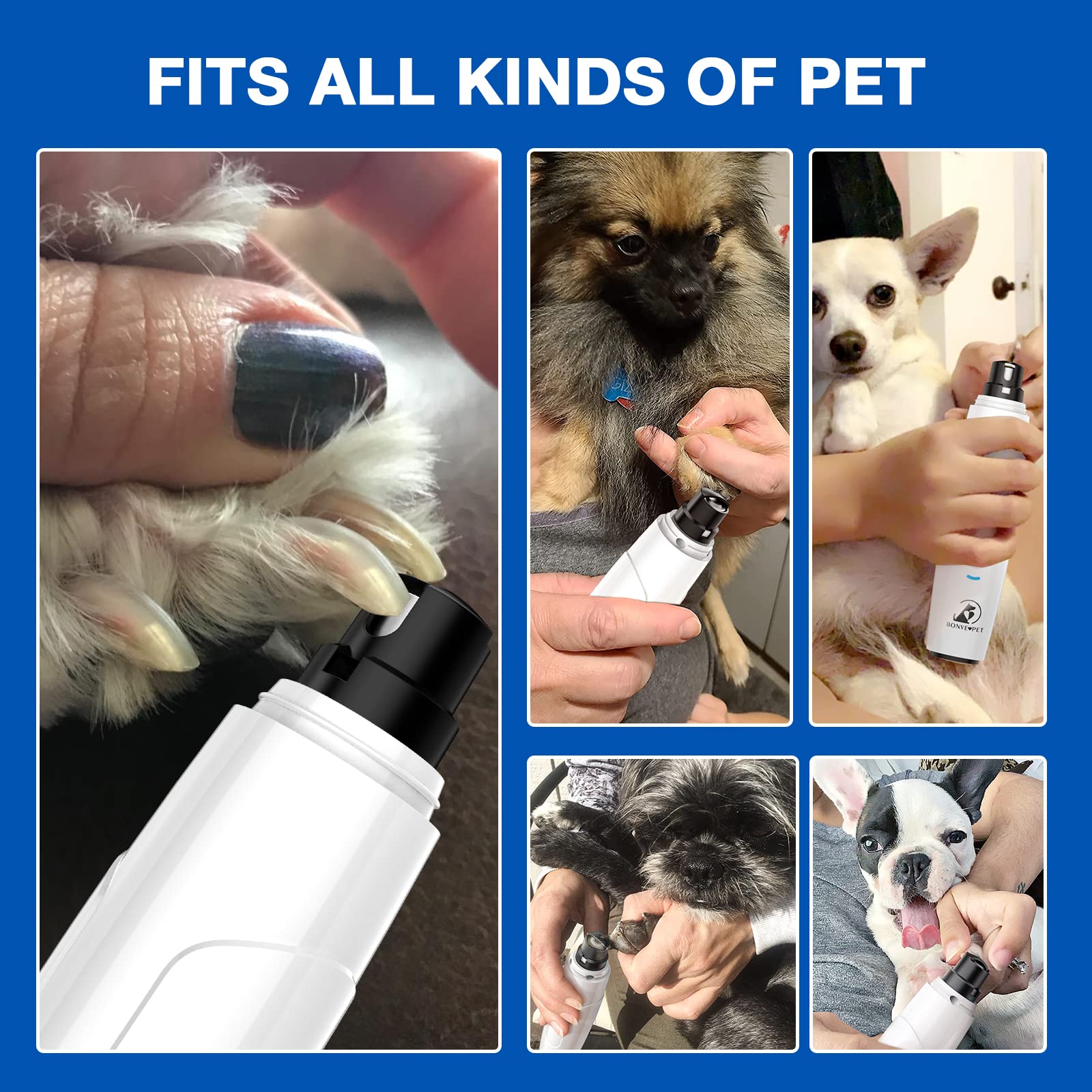 Bonve Pet Nail Grinder for Dogs & Cats - Quiet Rechargeable Dog Nail Trimmer with 2 Speeds & 2 Grinding Wheels for Small to Large Pets - Perfect for Grooming at Home or Professional Use