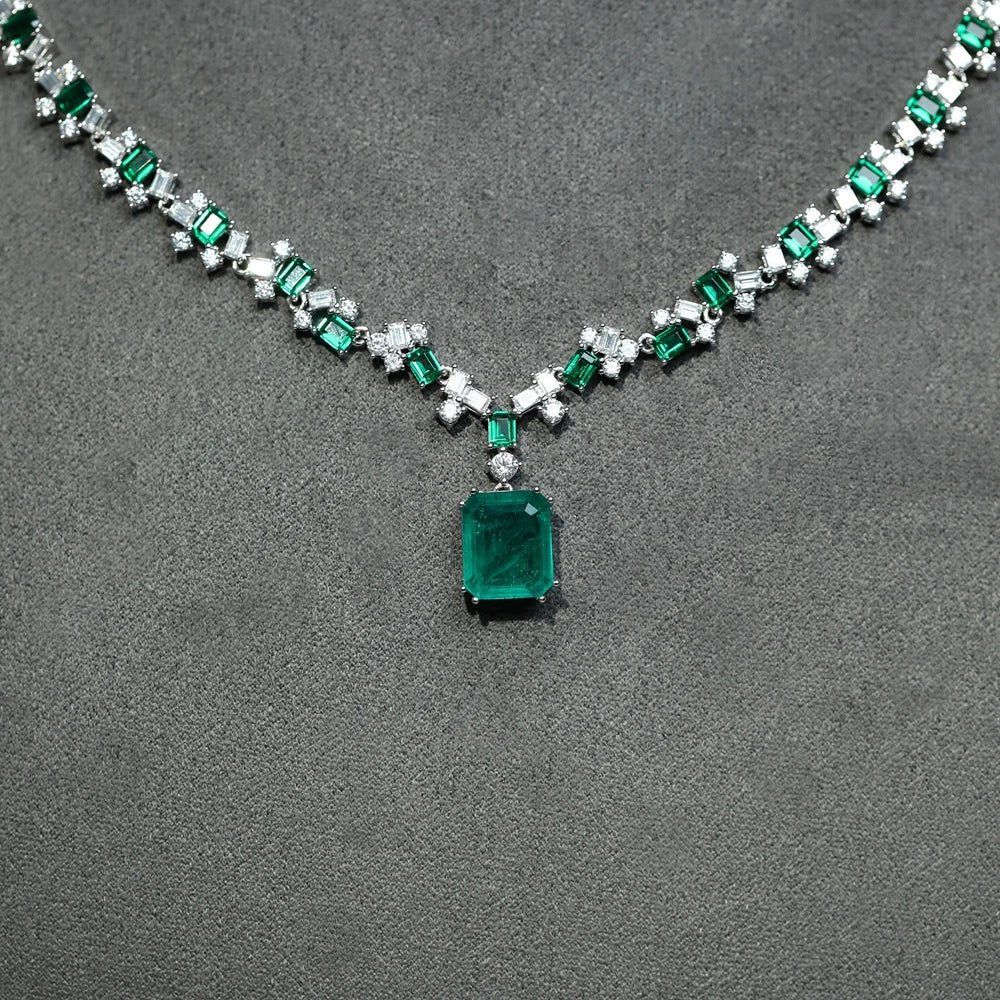 Vintage 925 Sterling Silver Emerald & Diamond Pendant Necklace for Women - 15x17mm High Carbon Gemstone Jewelry - Perfect Gift for Anniversary, Birthday & Special Occasions