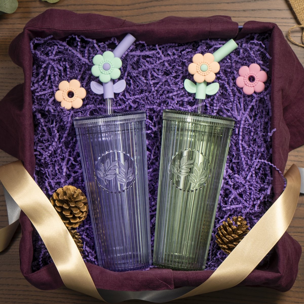 26oz Insulated Tumbler with Straw & Leak-Proof Lid - Cute Floral Silicone Straw Tips in Botanica Green - Perfect for Iced Coffee, Smoothies & Outdoor Activities