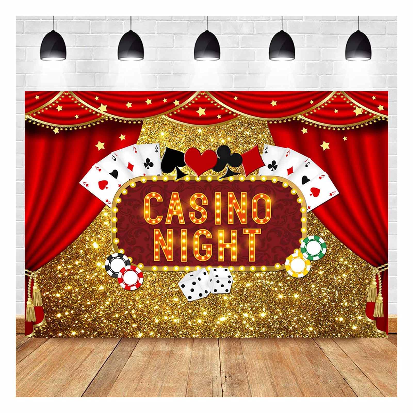 Las Vegas Gold Glitter Bokeh Photography Backdrop 5x3ft - Casino Night Poker Dice Red Curtain Vinyl Photo Background for Birthday Parties, Prom, Studio Shoots, Booth Props & Dessert Table Decor | Perfect for Themed Events and Social Media Content