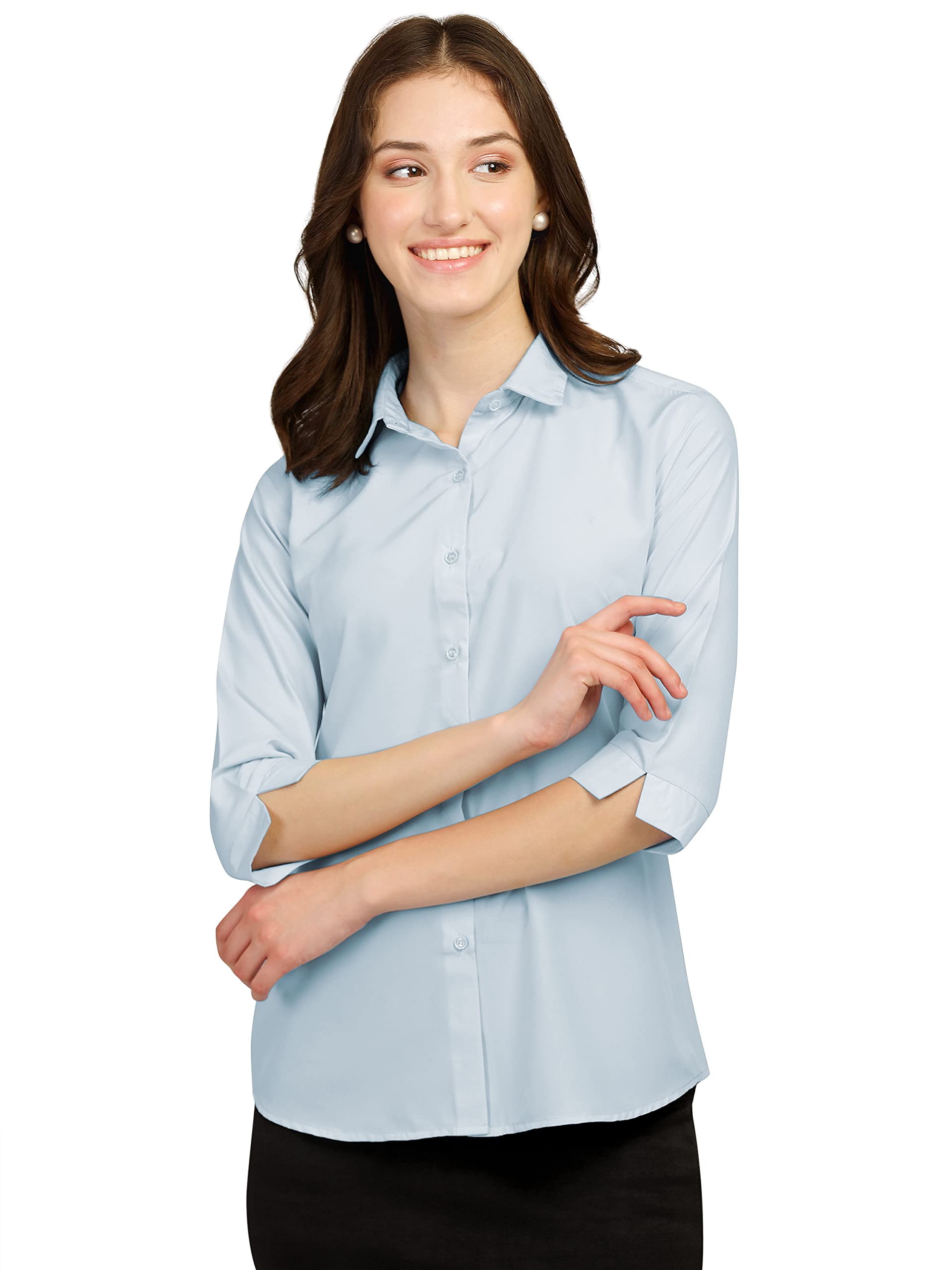 Fbella Women's Sky Blue Formal Shirt - Elegant Office Wear & Business Attire for Professional Women