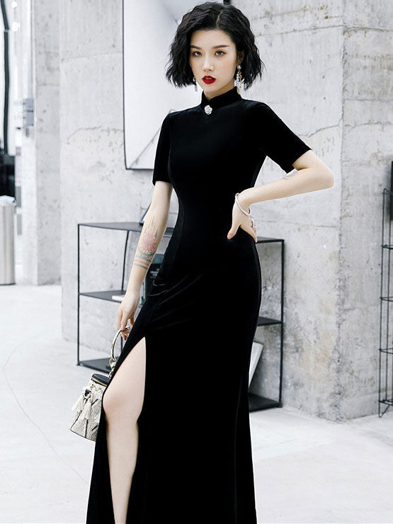 Elegant Velvet Thigh Split Fishtail Cheongsam Qi Pao Dress - Vintage Chinese Style Evening Gown for Parties, Weddings & Special Occasions