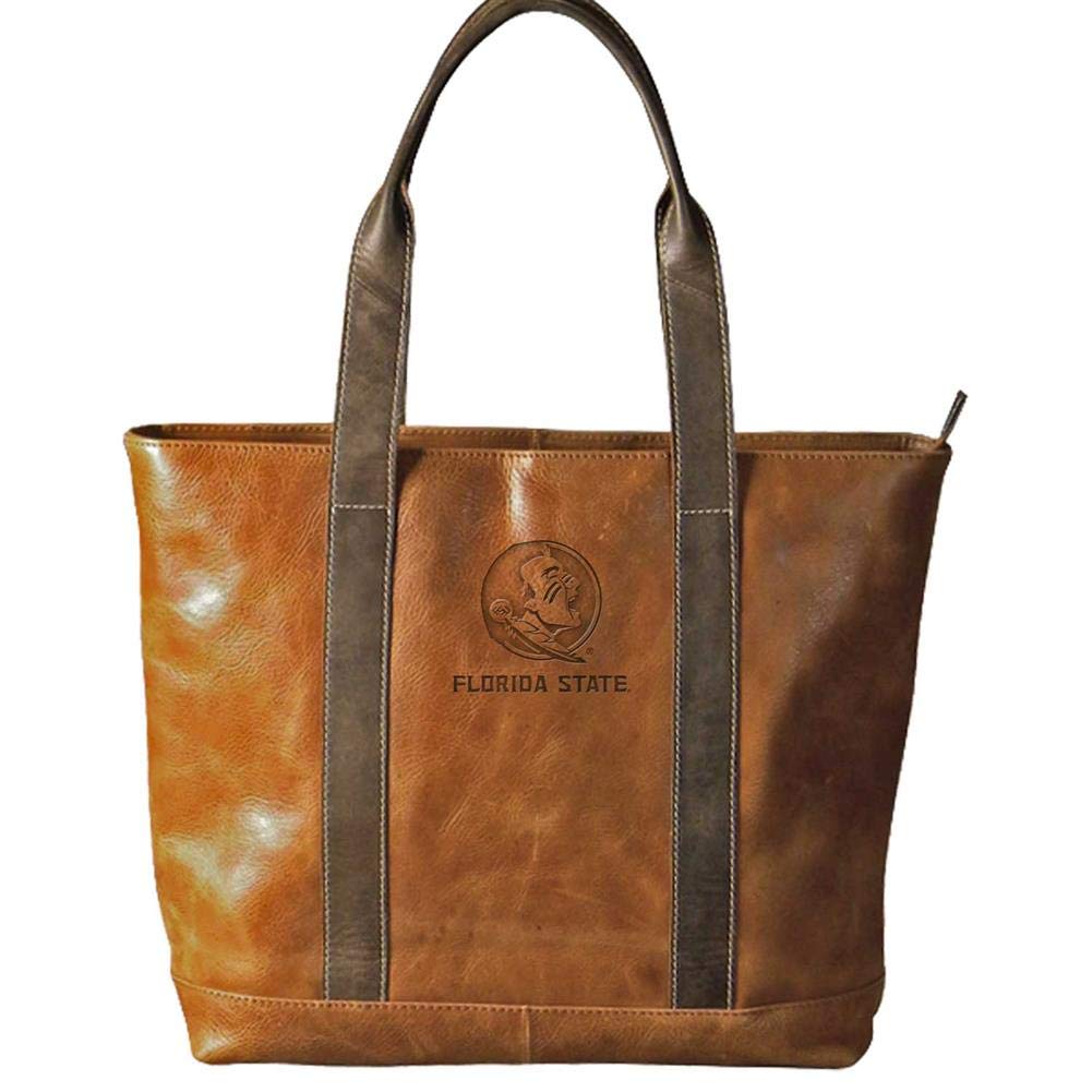 Premium FSU Florida State University Leather Tote Bag - Carolina Sewn/MCM Brands Two-Tone Tan Designer Handbag for Women | Perfect for College Campus, Work Commute & Travel Accessories