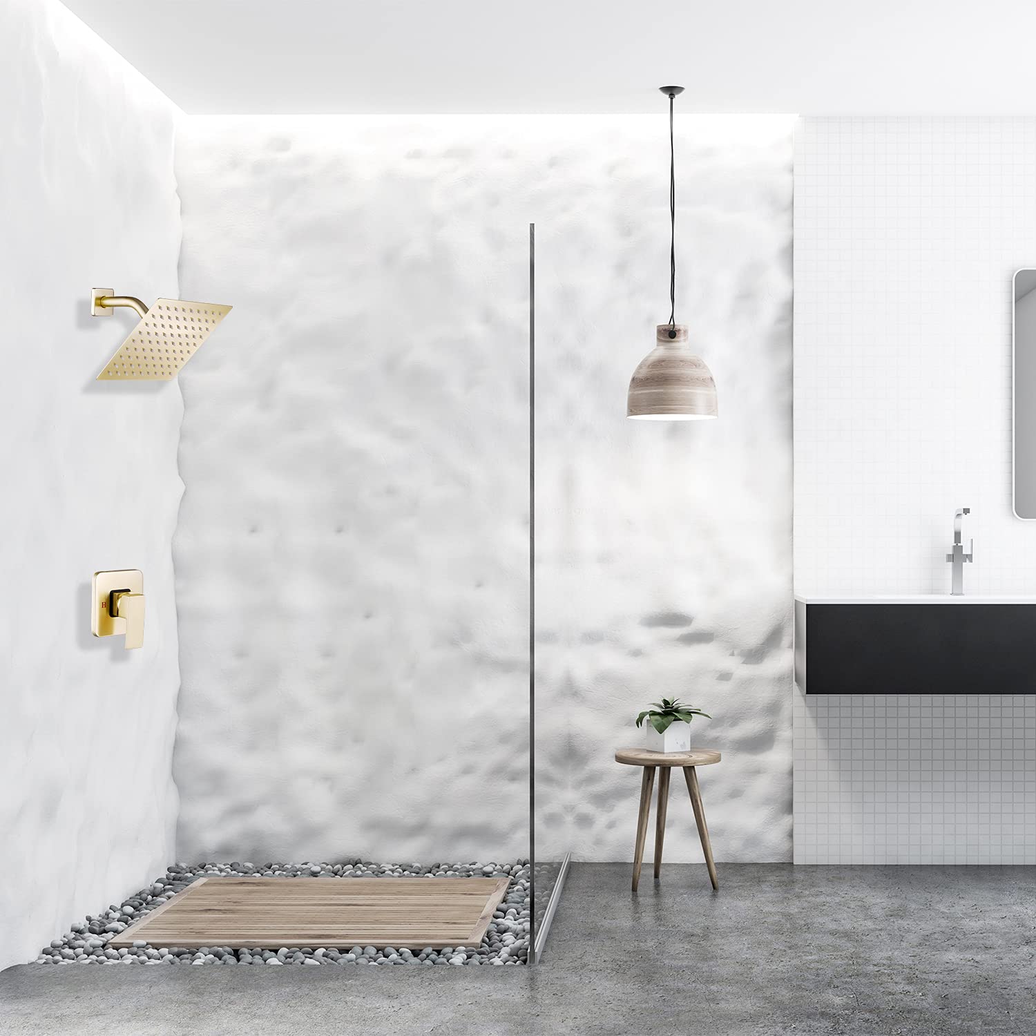 GGStudy Brushed Gold Single Function Shower Trim Kit with Rough-in Valve - 8 Inch Square Stainless Steel Rainfall Shower Head - Modern Bathroom Faucet System for Luxurious Spa-like Experience