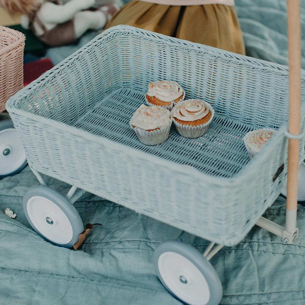 Vintage Blue Rattan Wonder Wagon - Stylish & Durable Outdoor Cart for Beach, Garden, and Picnic Use