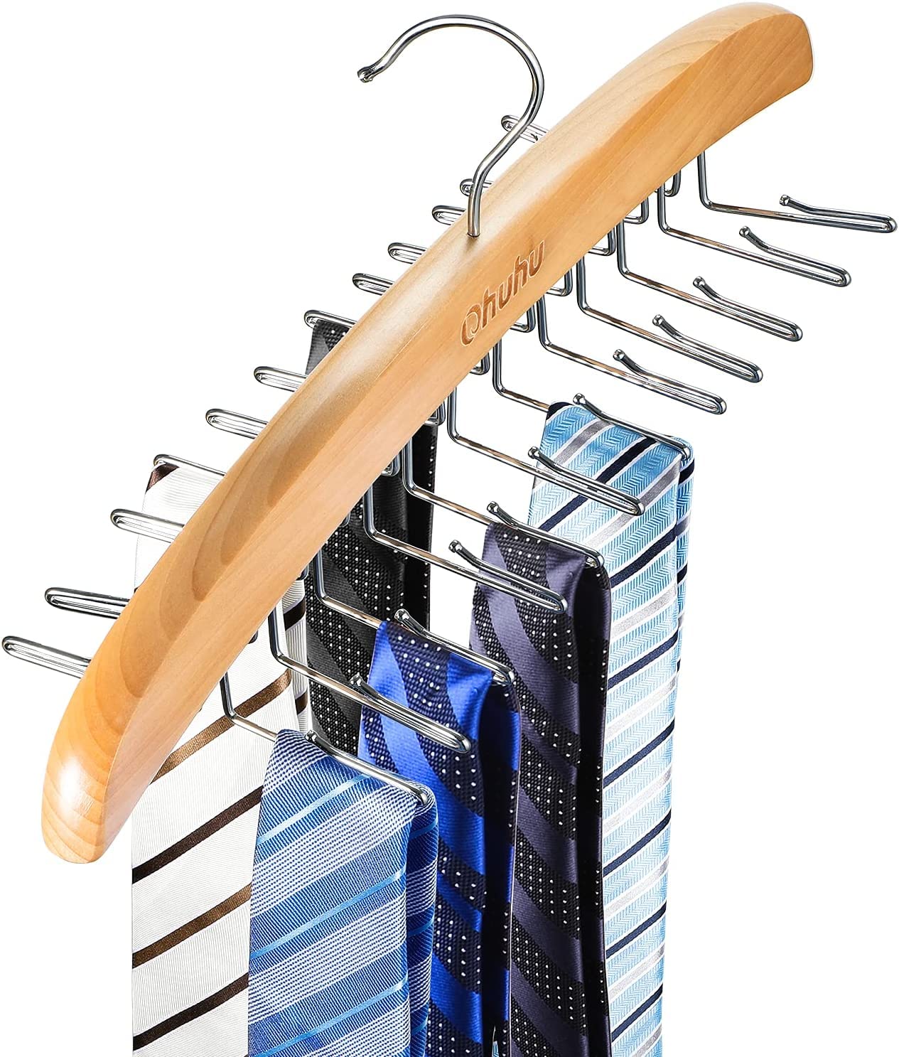 Ohuhu Wooden Tie Rack - 24 Slot Tie & Belt Organizer with Hooks for Closet Storage | Perfect for Men's Neckties, Women's Scarves & Accessories | Space-Saving Closet Organizer for Home & Office Wardrobe