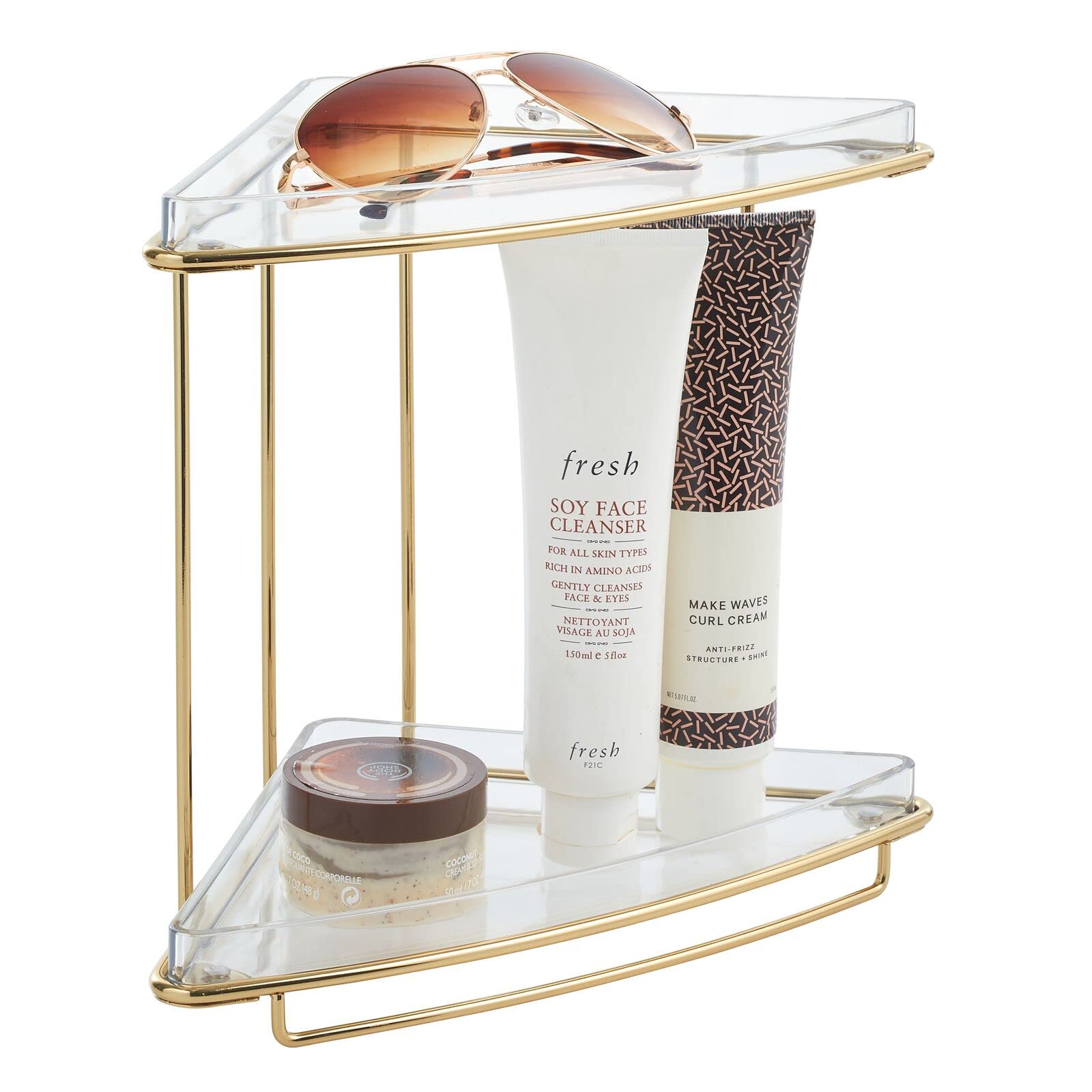 2-Tier Freestanding Corner Shelf Organizer - Steel/Plastic Bathroom Storage for Makeup, Bath Gel & Toiletries - Clear/Soft Brass Prism Collection - Perfect for Vanity, Cabinet & Countertop Organization