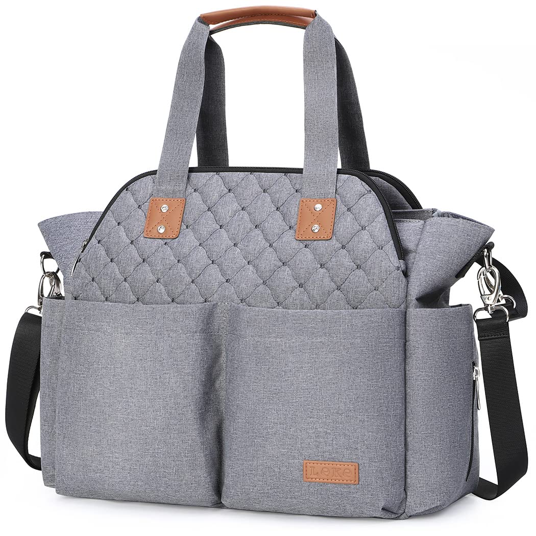 Lekebaby Waterproof Diaper Bag Tote - Large Baby Bag for Moms, Hospital & Travel - Grey Messenger Purse | Perfect for Newborn Essentials, Daycare & Family Outings