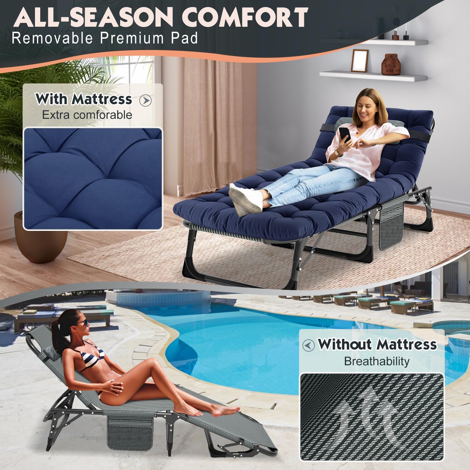 MOPHOTO 5-Position Folding Lounge Chair - Portable Outdoor Chaise Lounge for Sunbathing, Pool, Beach & Patio - Lightweight & Adjustable for Camping, Backyard Relaxation & Travel
